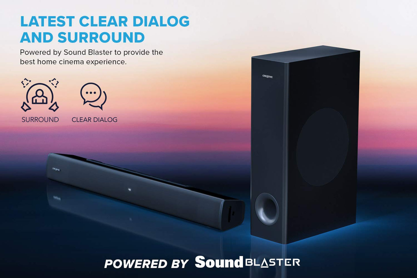 Creative Stage V2 Barra de Sonido 2.1, 80 W, con subwoofer con Clear Dialog y Surround de Sound Blaster para TV y monitores, Bluetooth 5.0, TV ARC, Óptico y Audio USB - Negro