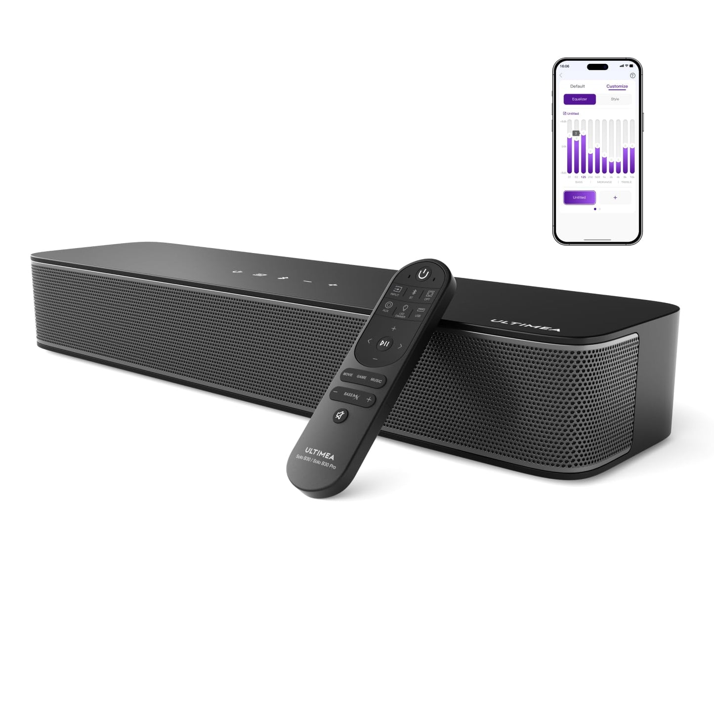ULTIMEA Barra de Sonido TV de 2.1 Canales, Subwoofer Incorporado, Control de App, Barra de Sonido PC Todo en Uno, Barra Sonido TV Bluetooth 5.3, Opt/AUX//Montaje en Pared, Solo B30