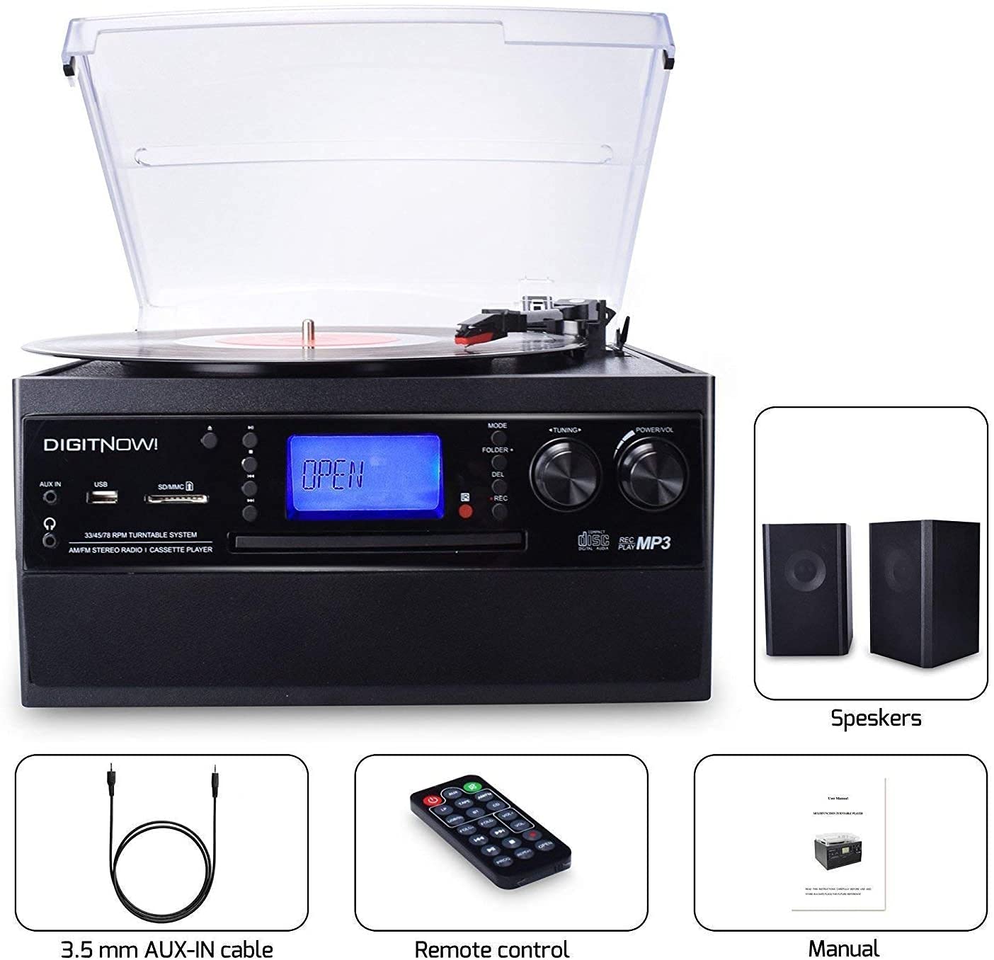 DIGITNOW! Tocadiscos para vinilos, Apto para CD, Casete, Radio Am/FM, Entrada Auxiliar, Puerto USB y codificación SD, con Mando a Distancia, Bluetooth y Altavoces estéreo Independientes