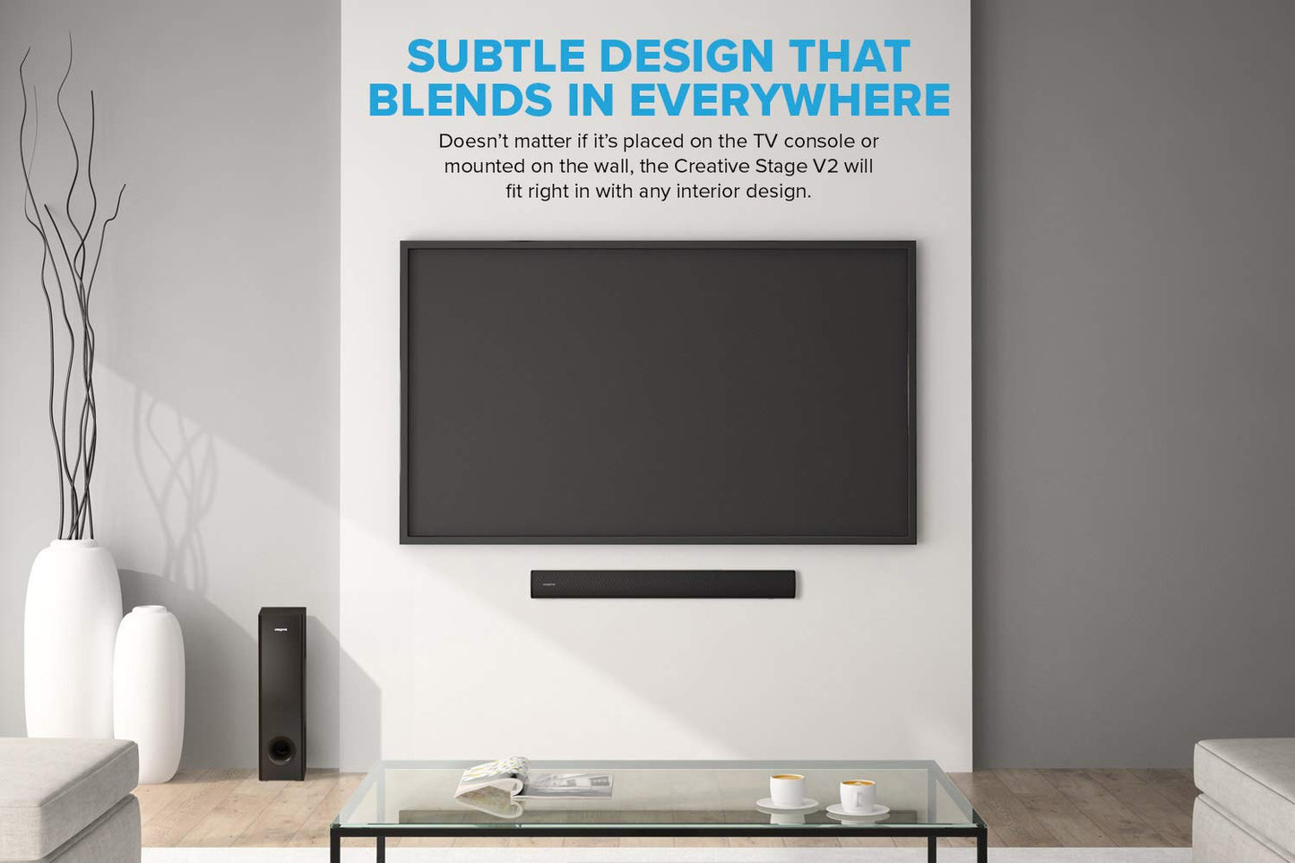 Creative Stage V2 Barra de Sonido 2.1, 80 W, con subwoofer con Clear Dialog y Surround de Sound Blaster para TV y monitores, Bluetooth 5.0, TV ARC, Óptico y Audio USB - Negro