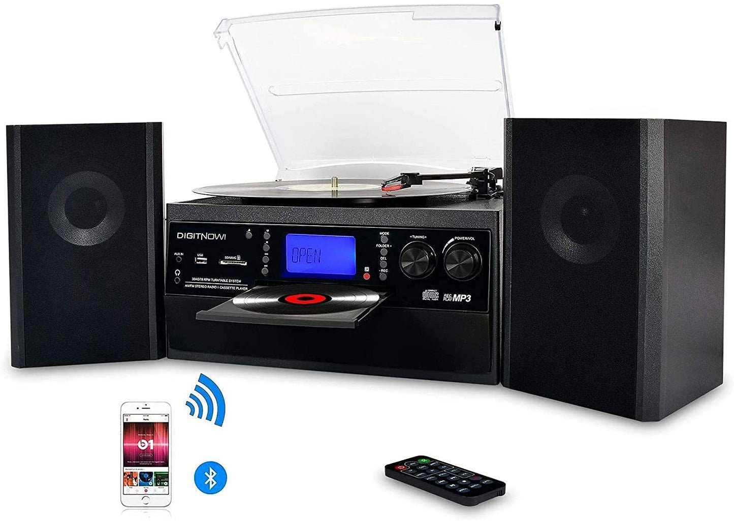 DIGITNOW! Tocadiscos para vinilos, Apto para CD, Casete, Radio Am/FM, Entrada Auxiliar, Puerto USB y codificación SD, con Mando a Distancia, Bluetooth y Altavoces estéreo Independientes