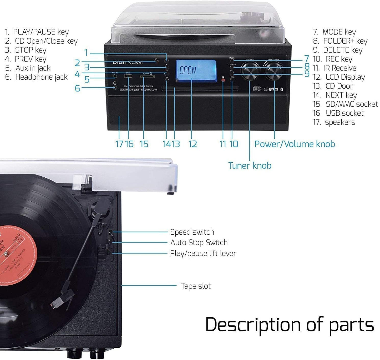 DIGITNOW! Tocadiscos para vinilos, Apto para CD, Casete, Radio Am/FM, Entrada Auxiliar, Puerto USB y codificación SD, con Mando a Distancia, Bluetooth y Altavoces estéreo Independientes