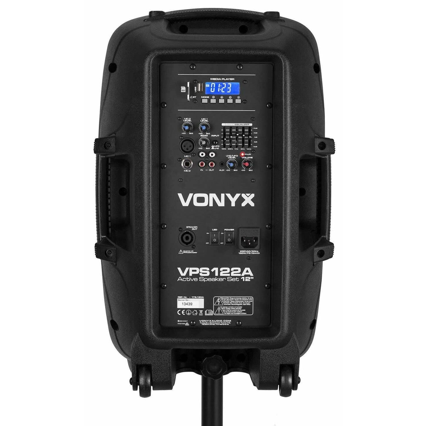Vonyx VPS122A Altavoces autoamplificados Pack de 2 Altavoces Activo/Pasivo Bluetooth portátiles de 800W, 12 Pulgadas, micrófono con Cable, Control Remoto, Trípodes, Reproductor MP3 con USB y SD, Leds
