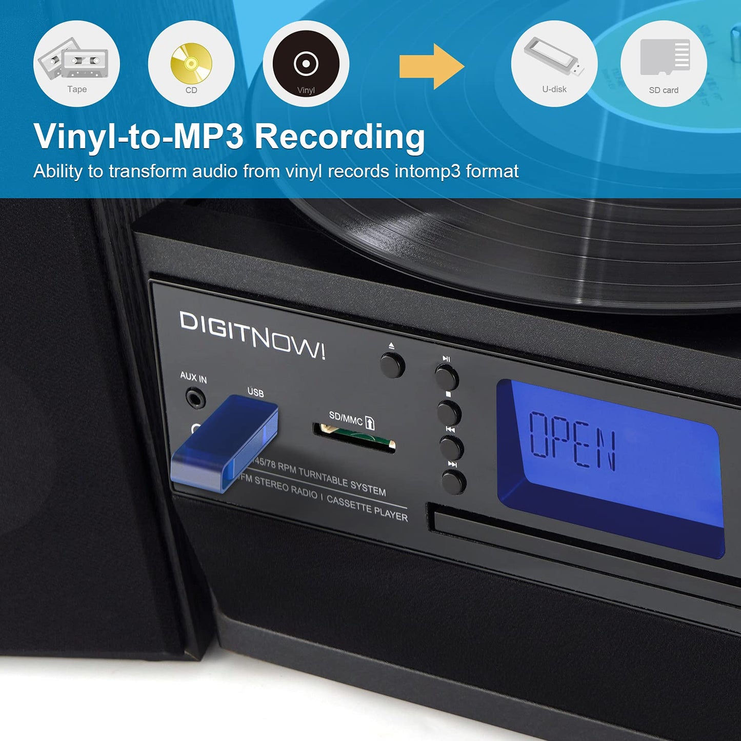 DIGITNOW! Tocadiscos para vinilos, Apto para CD, Casete, Radio Am/FM, Entrada Auxiliar, Puerto USB y codificación SD, con Mando a Distancia, Bluetooth y Altavoces estéreo Independientes