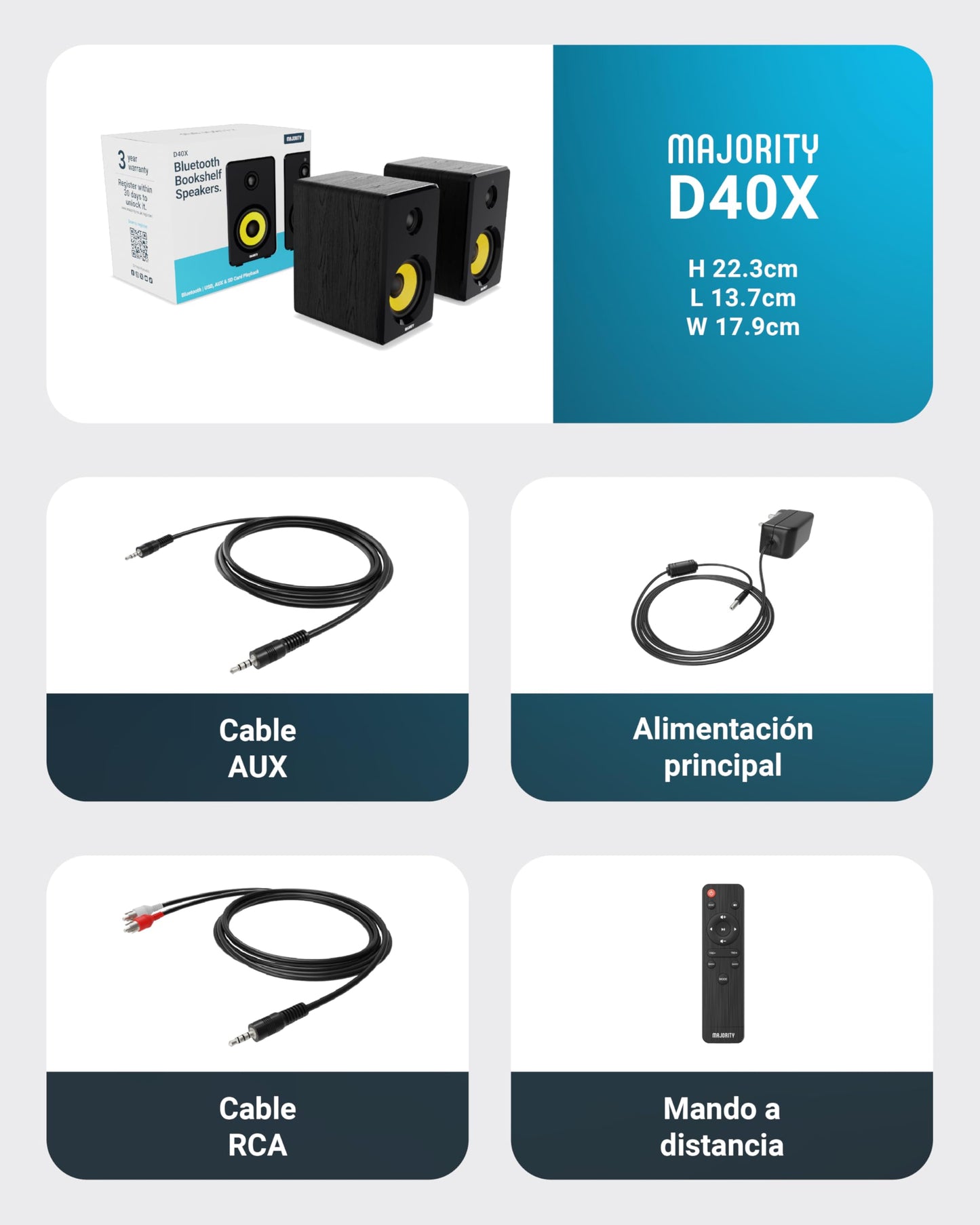 MAJORITY D40X Altavoces Autoamplificados – 70W, Cono Kevlar, Bluetooth, HiFi, Entrada Óptica, RCA, USB y AUX, con Mando a Distancia