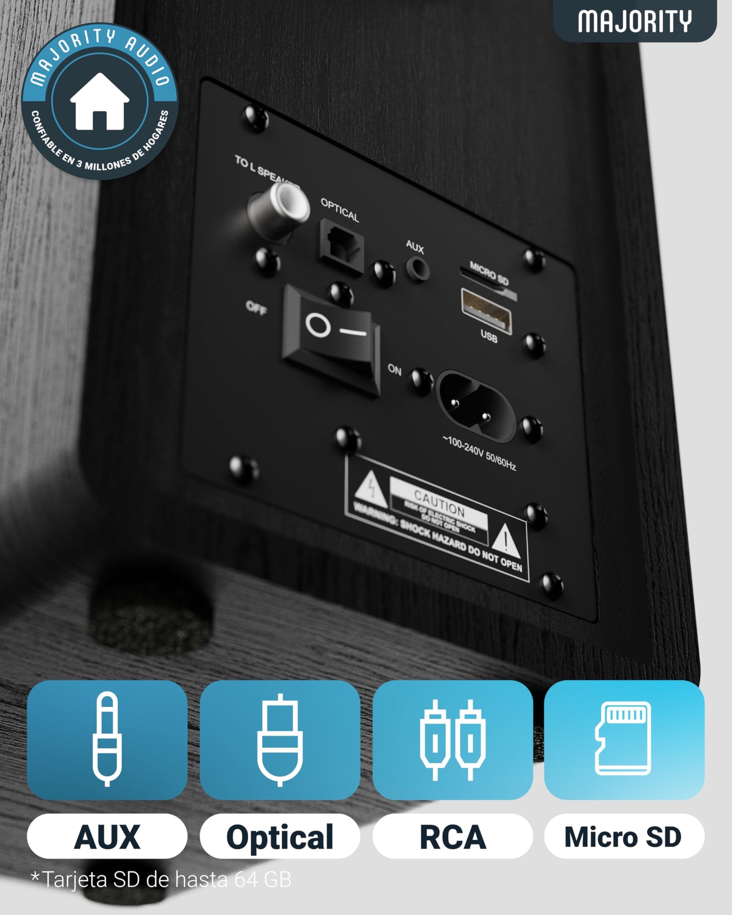 MAJORITY D40X Altavoces Autoamplificados – 70W, Cono Kevlar, Bluetooth, HiFi, Entrada Óptica, RCA, USB y AUX, con Mando a Distancia