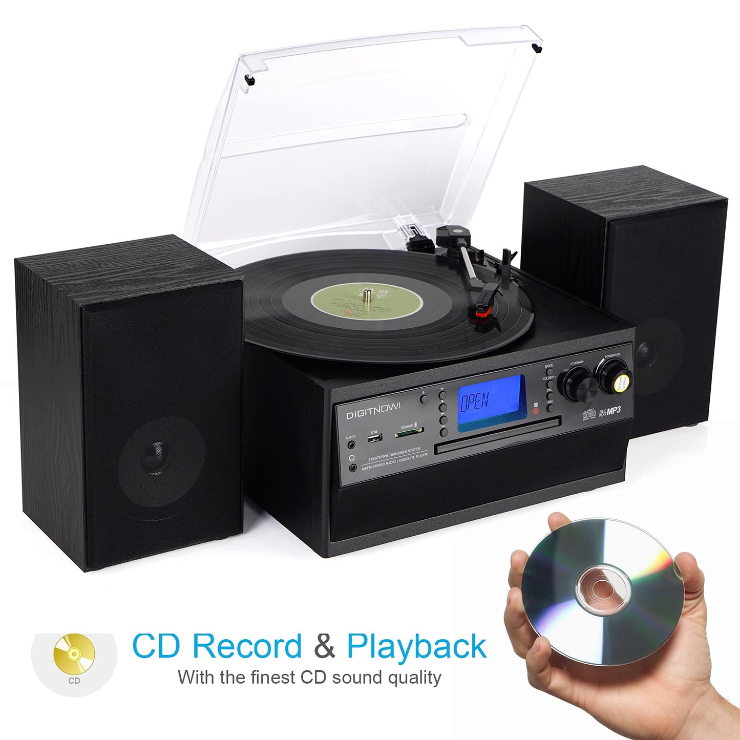 DIGITNOW! Tocadiscos para vinilos, Apto para CD, Casete, Radio Am/FM, Entrada Auxiliar, Puerto USB y codificación SD, con Mando a Distancia, Bluetooth y Altavoces estéreo Independientes