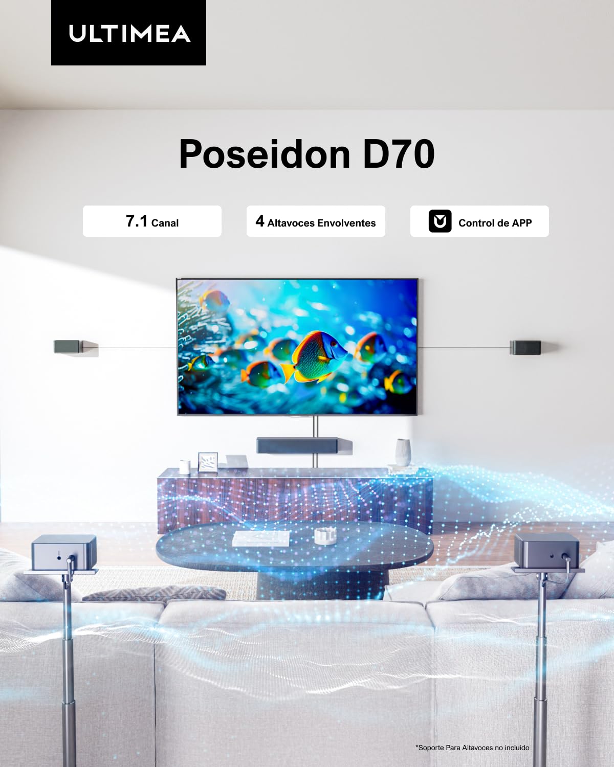 ULTIMEA 7.1 Barra de Sonido Surround Virtual, 8 Altoparlantes de Alto Rendimiento, Subwoofer Inalámbrico de 6.5", con Control a través de App, Sistema de Audio para Home Cinema, Poseidon D70
