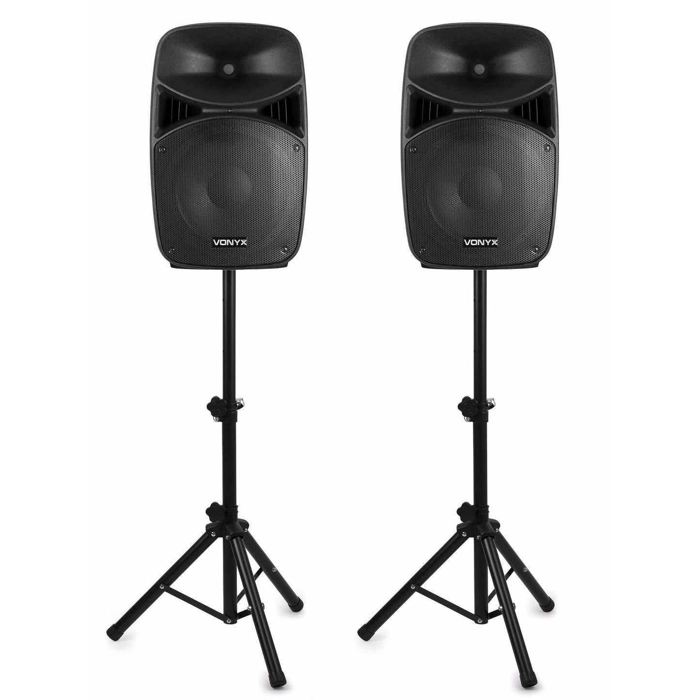 Vonyx VPS152A Altavoces autoamplificados Pack de 2 Altavoces Activo/Pasivo Bluetooth portátiles de 1000W, 15 Pulgadas, micrófono con Cable, Control Remoto, Trípodes, Reproductor MP3 con USB/SD, Leds