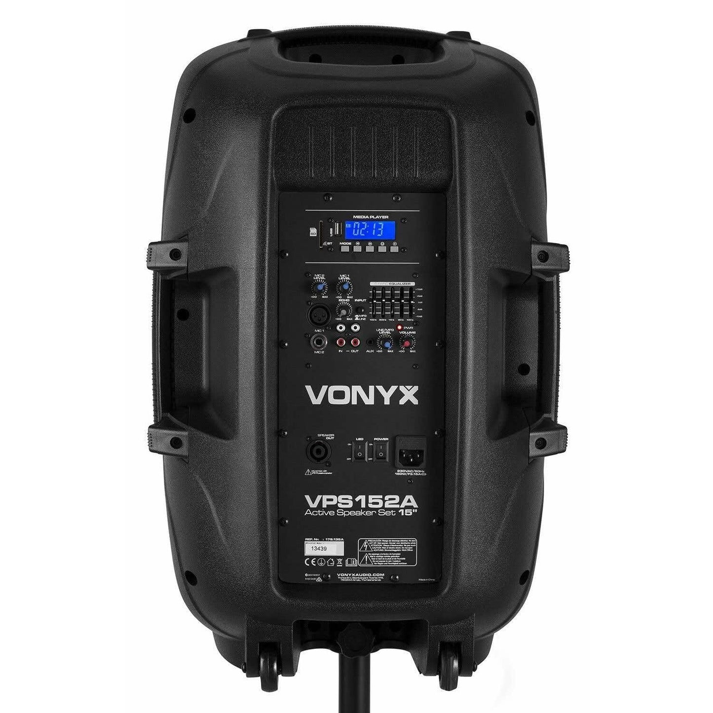 Vonyx VPS152A Altavoces autoamplificados Pack de 2 Altavoces Activo/Pasivo Bluetooth portátiles de 1000W, 15 Pulgadas, micrófono con Cable, Control Remoto, Trípodes, Reproductor MP3 con USB/SD, Leds