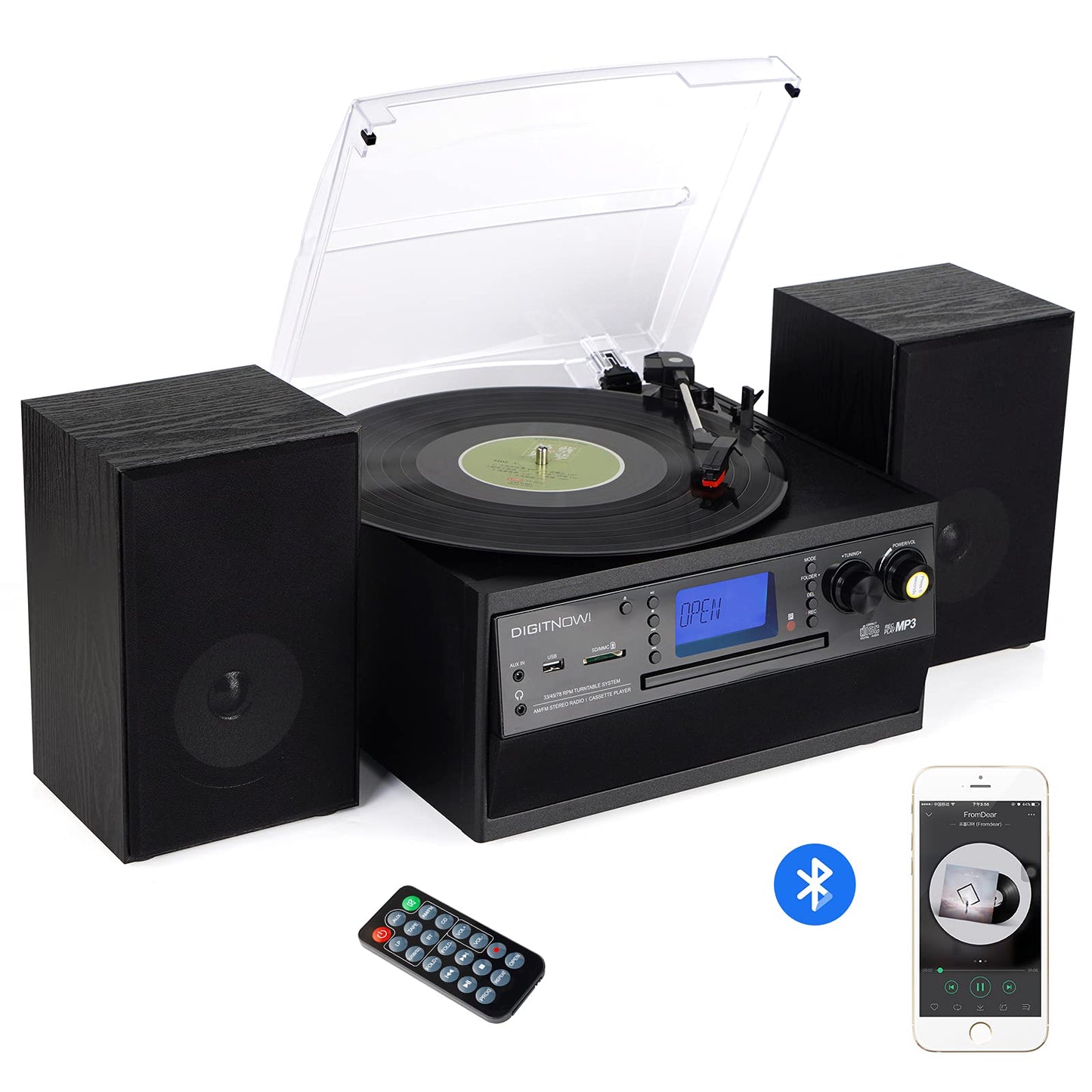 DIGITNOW! Tocadiscos para vinilos, Apto para CD, Casete, Radio Am/FM, Entrada Auxiliar, Puerto USB y codificación SD, con Mando a Distancia, Bluetooth y Altavoces estéreo Independientes