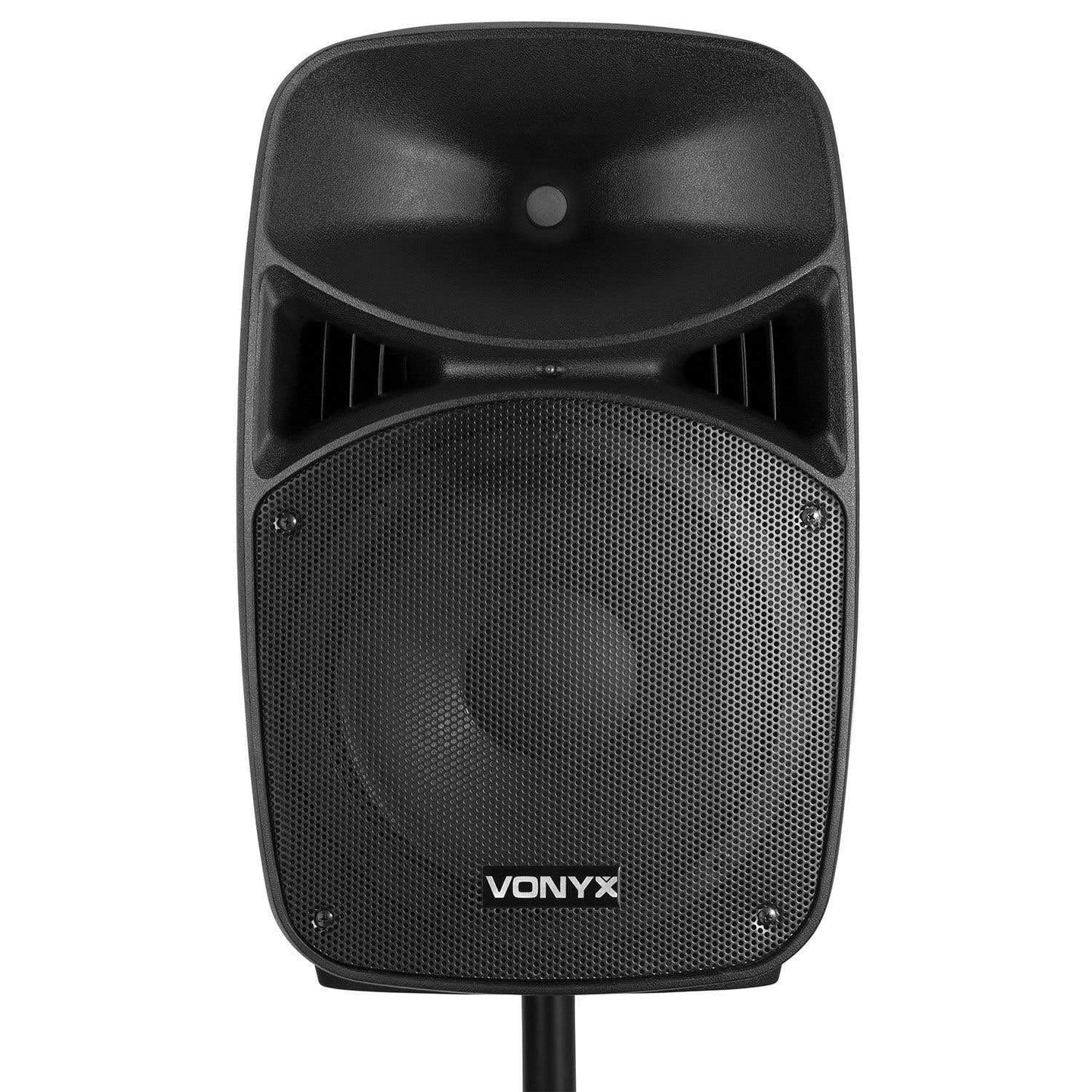 Vonyx VPS152A Altavoces autoamplificados Pack de 2 Altavoces Activo/Pasivo Bluetooth portátiles de 1000W, 15 Pulgadas, micrófono con Cable, Control Remoto, Trípodes, Reproductor MP3 con USB/SD, Leds