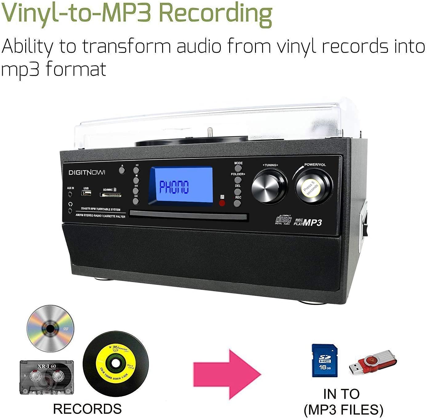 DIGITNOW! Tocadiscos para vinilos, Apto para CD, Casete, Radio Am/FM, Entrada Auxiliar, Puerto USB y codificación SD, con Mando a Distancia, Bluetooth y Altavoces estéreo Independientes