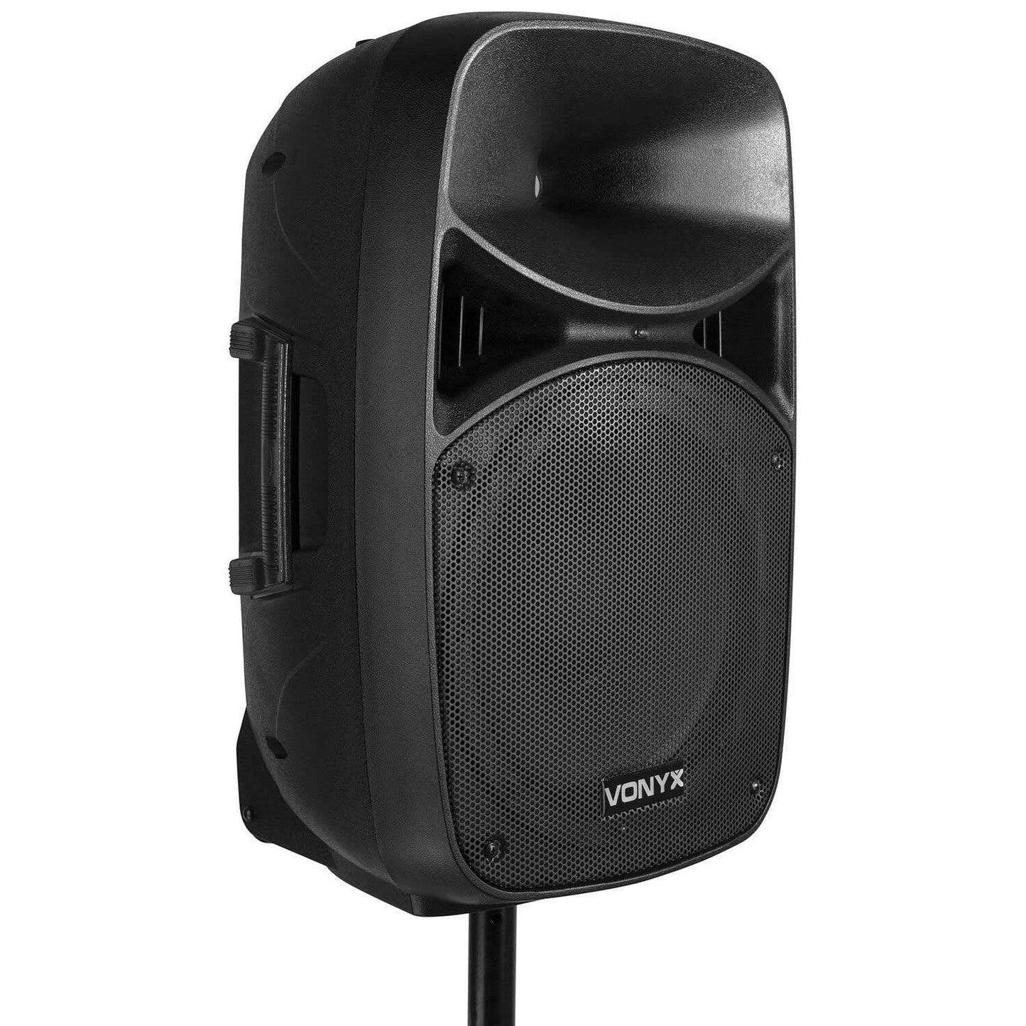 Vonyx VPS122A Altavoces autoamplificados Pack de 2 Altavoces Activo/Pasivo Bluetooth portátiles de 800W, 12 Pulgadas, micrófono con Cable, Control Remoto, Trípodes, Reproductor MP3 con USB y SD, Leds
