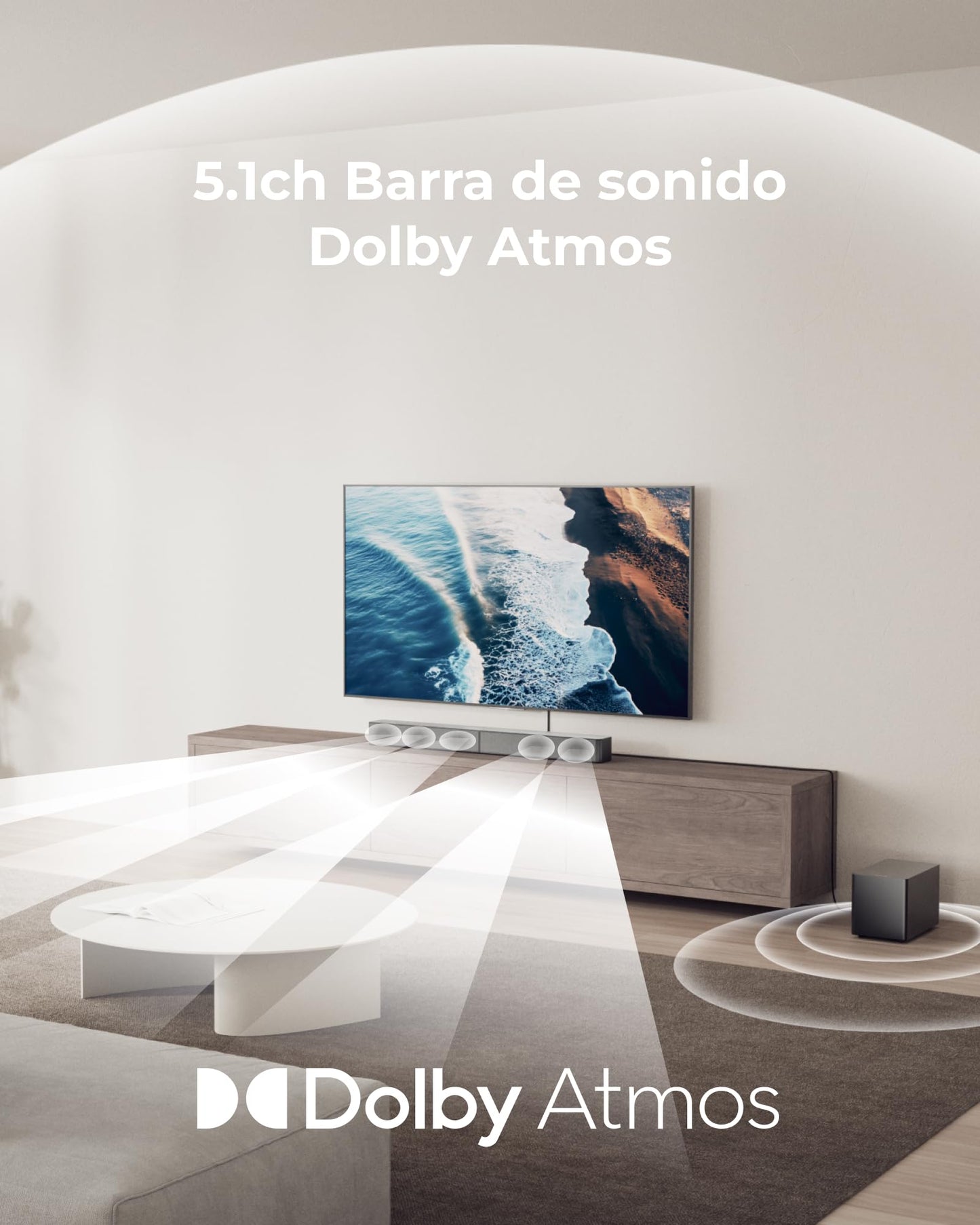 ULTIMEA 5.1ch Barra de Sonido TV con Dolby Atmos, Sistema de Sonido Envolvente para Home Cinema, Barra de Sonido con Subwoofer para TV, 340W, Bajos Ajustables, App, Bluetooth 5.4, Poseidon M60 Boom