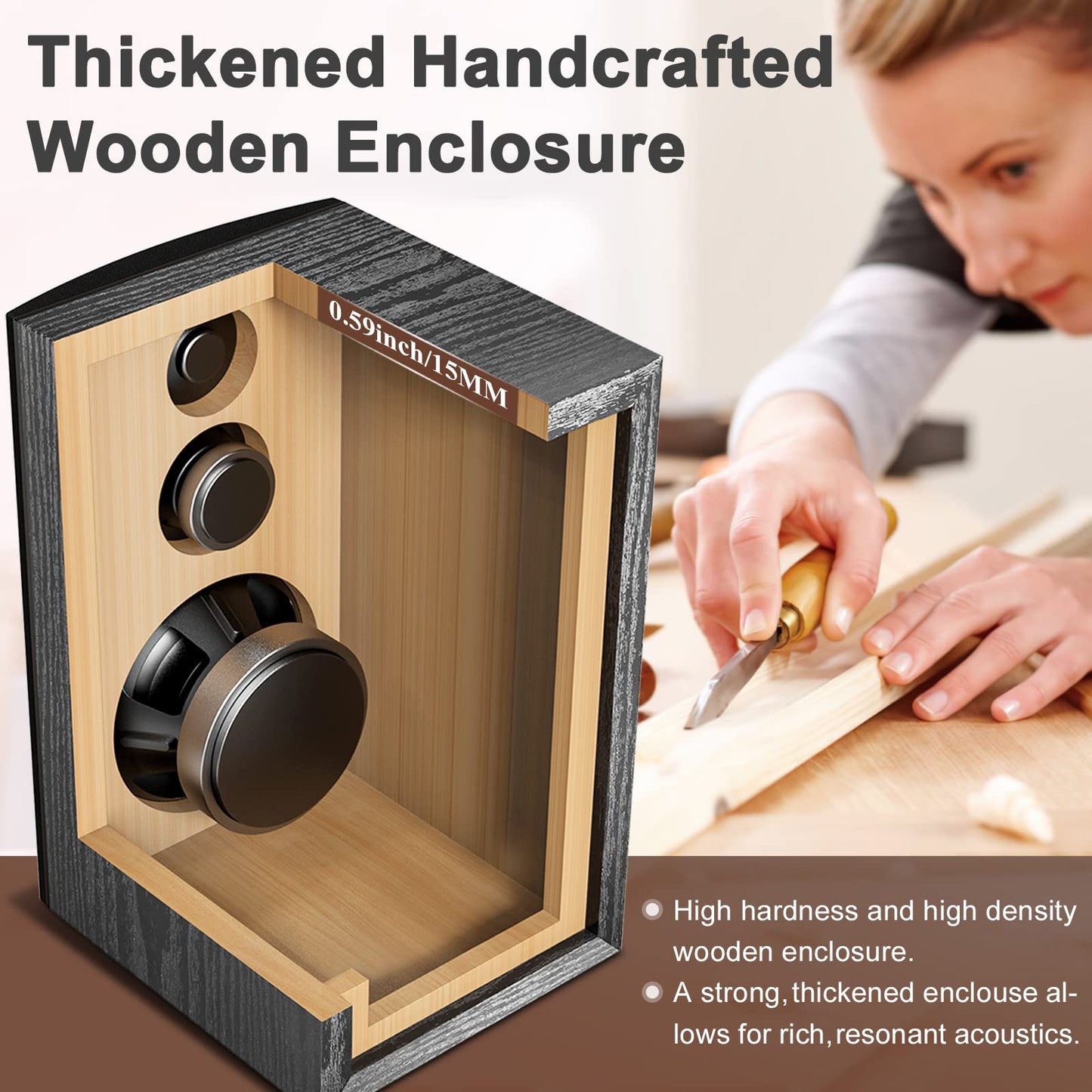 Altavoces HiFi de Estantería Pasivos 3 Vías – Par Estéreo 240W, Woofer 5,25", Caja de Madera, Bajos 48Hz, para Amplificador, Sonido Profesional para Música y Estudio – Modelo G521