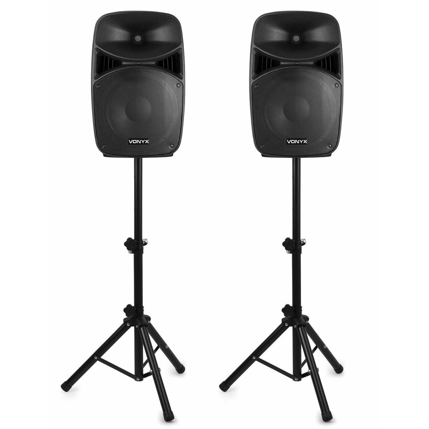 Vonyx VPS122A Altavoces autoamplificados Pack de 2 Altavoces Activo/Pasivo Bluetooth portátiles de 800W, 12 Pulgadas, micrófono con Cable, Control Remoto, Trípodes, Reproductor MP3 con USB y SD, Leds