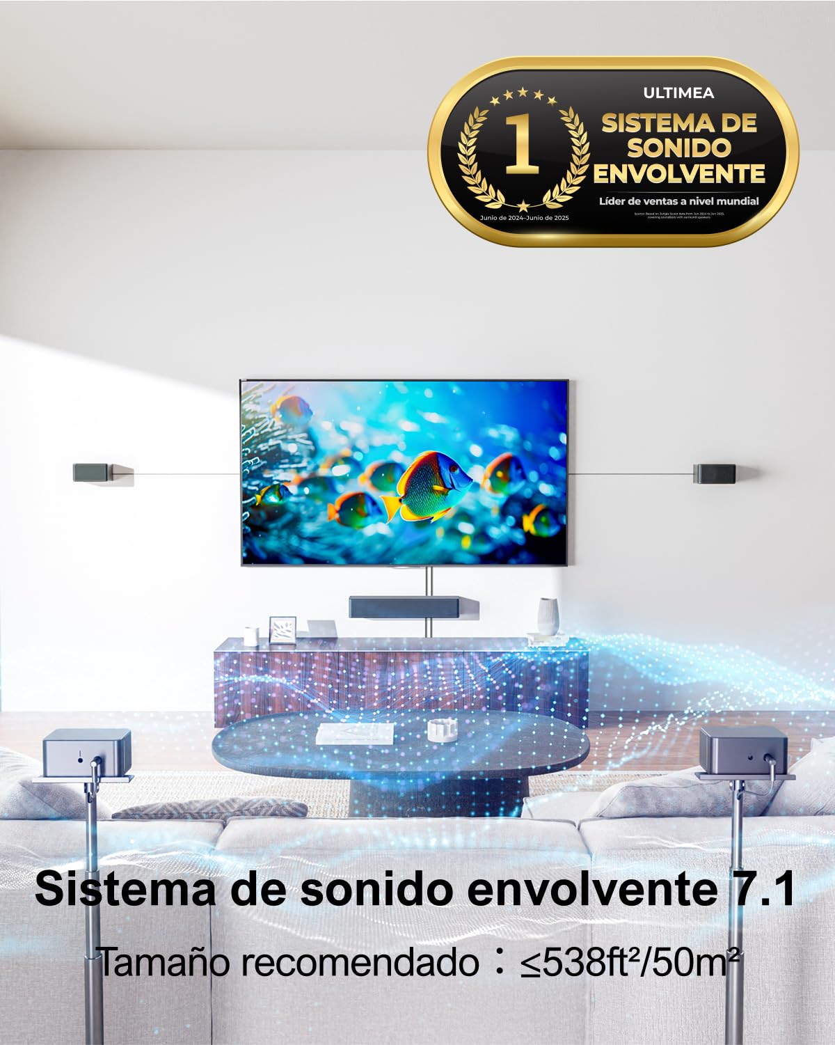 ULTIMEA 7.1 Barra de Sonido TV, Sistema de Sonido Envolvente Virtual, Control por App, 410W, Barra Sonido con Subwoofer y 4 Altavoces Envolventes, Bluetooth 5.3, Poseidon D70