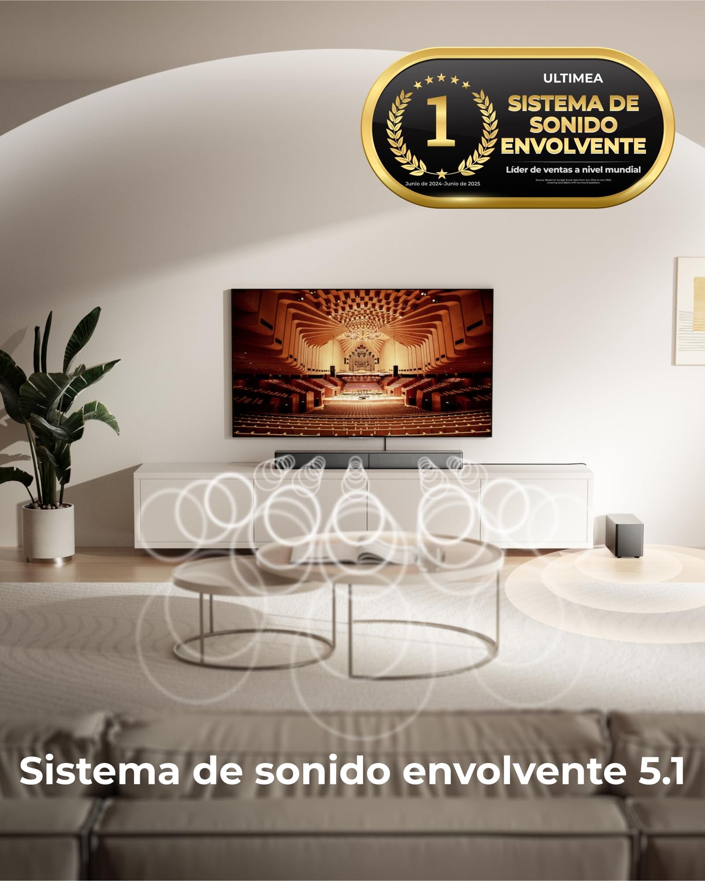 ULTIMEA 5.1ch Barra de Sonido TV con Dolby Atmos, Sistema de Sonido Envolvente para Home Cinema, Barra de Sonido con Subwoofer para TV, 340W, Bajos Ajustables, App, Bluetooth 5.4, Poseidon M60 Boom