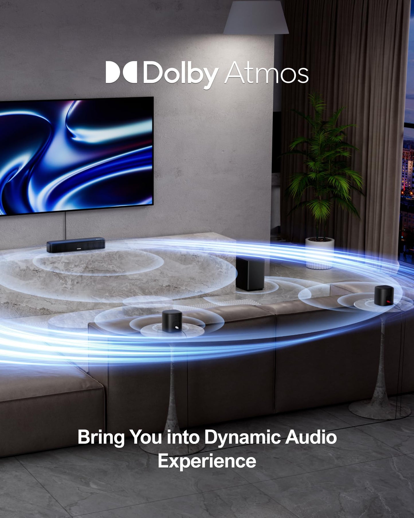 ULTIMEA Barra de Sonido 5.1 con Dolby Atmos, Sistema de Sonido Surround, Sistema de Sonido de Cine en Casa, Barra de Sonido TV con Subwoofer, 2 Altavoces Surround, HDMI eARC/ÓPT/AUX, Aura A50 Pro