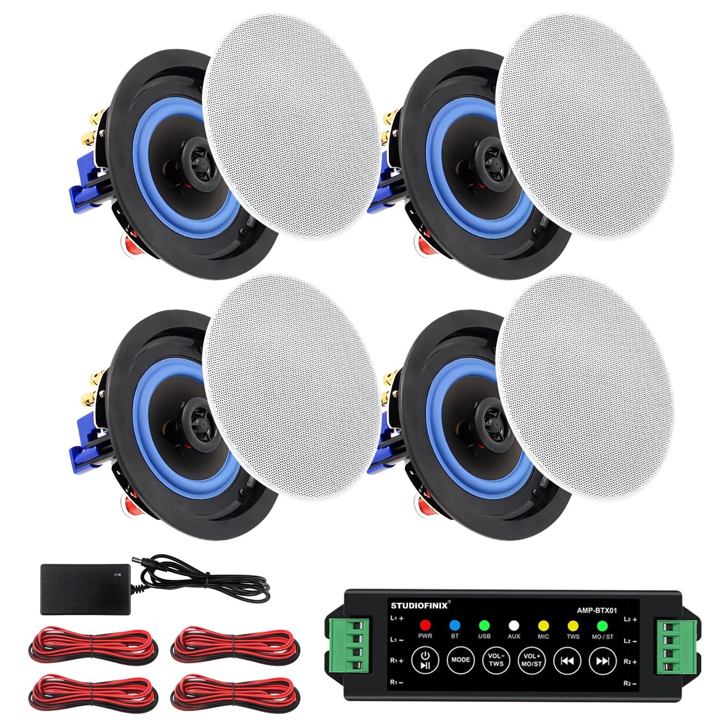STUDIOFINIX Paquete de altavoces de techo Bluetooth de 2 vías de 4 pulgadas y 320 vatios para sistema de cine en casa, sala de estar, oficina, montaje empotrado (4 altavoces)