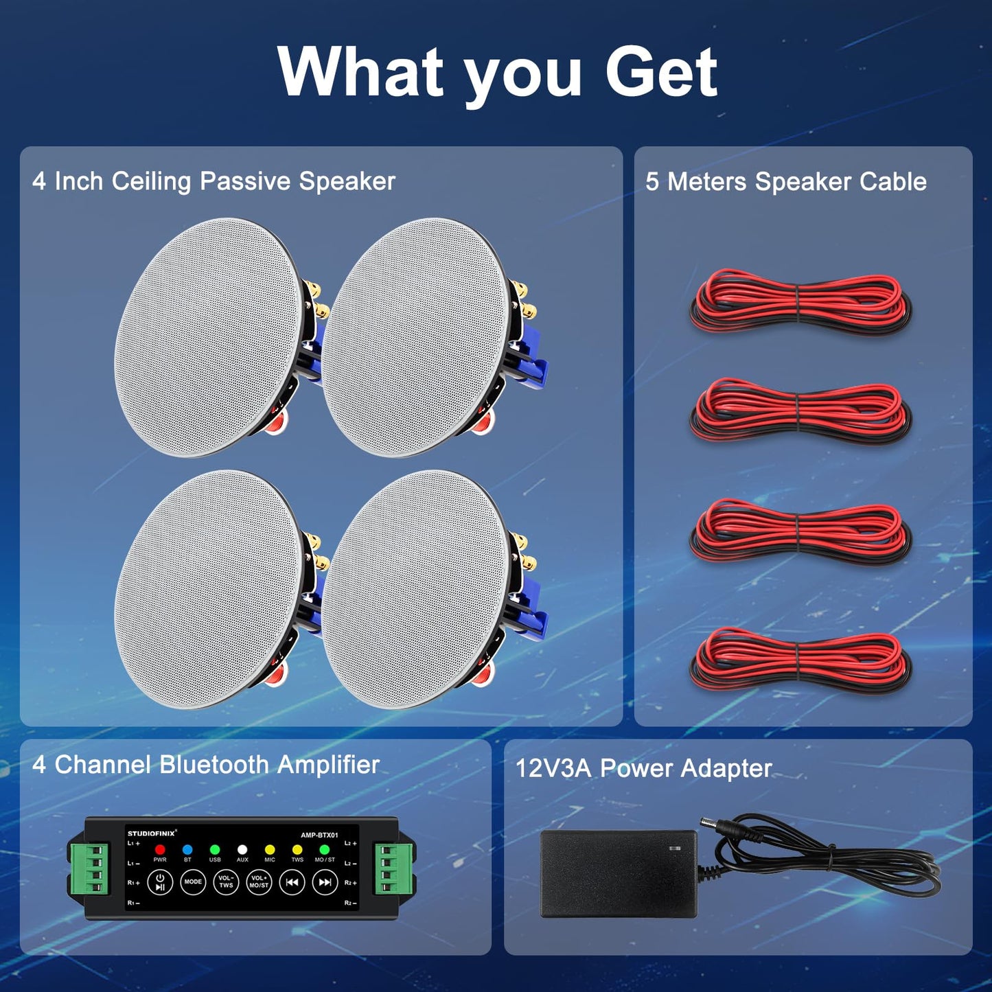STUDIOFINIX Paquete de altavoces de techo Bluetooth de 2 vías de 4 pulgadas y 320 vatios para sistema de cine en casa, sala de estar, oficina, montaje empotrado (4 altavoces)