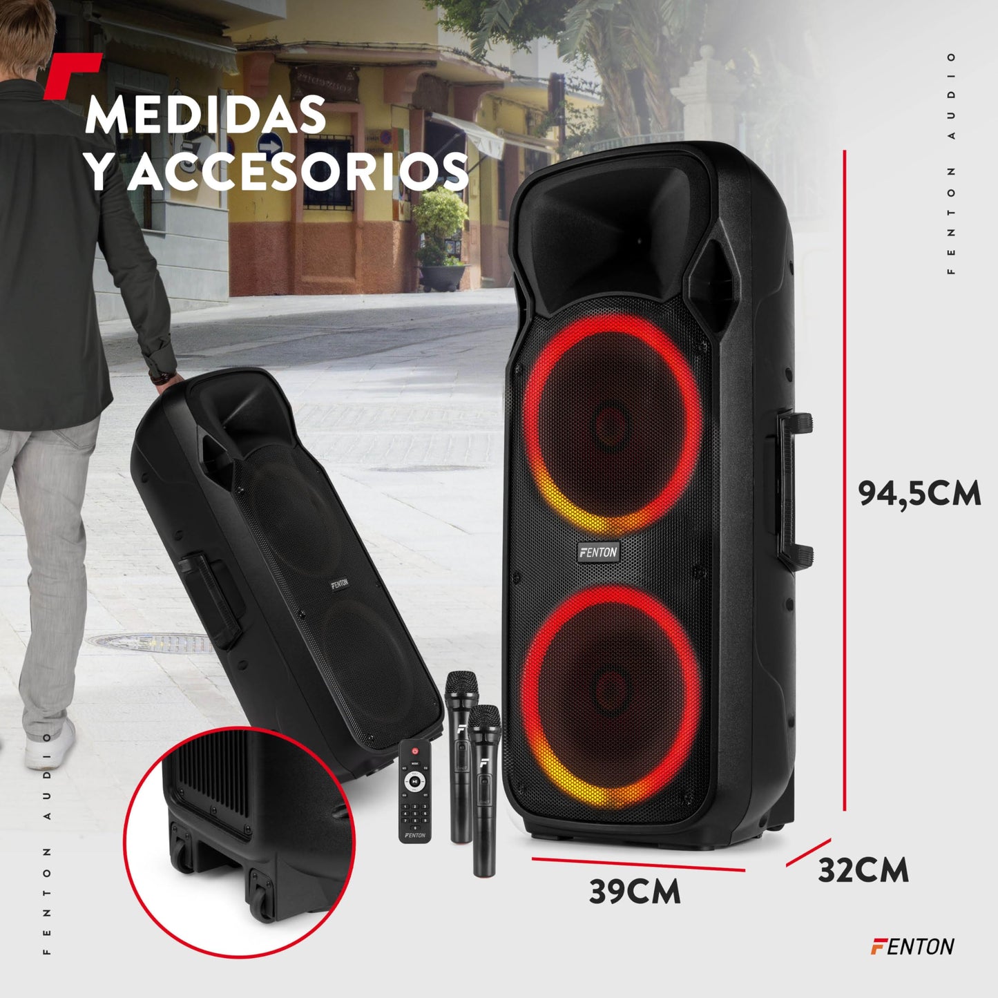Fenton FT212LED MK2 - Altavoz Activo portátil de 1400W, 2 x 12”, Bluetooth, batería, USB, SD, 2 micrófonos inalámbricos, Luces LED, Entrada Auxiliar, Entrada de Guitarra, Salida RCA, Trolley portátil