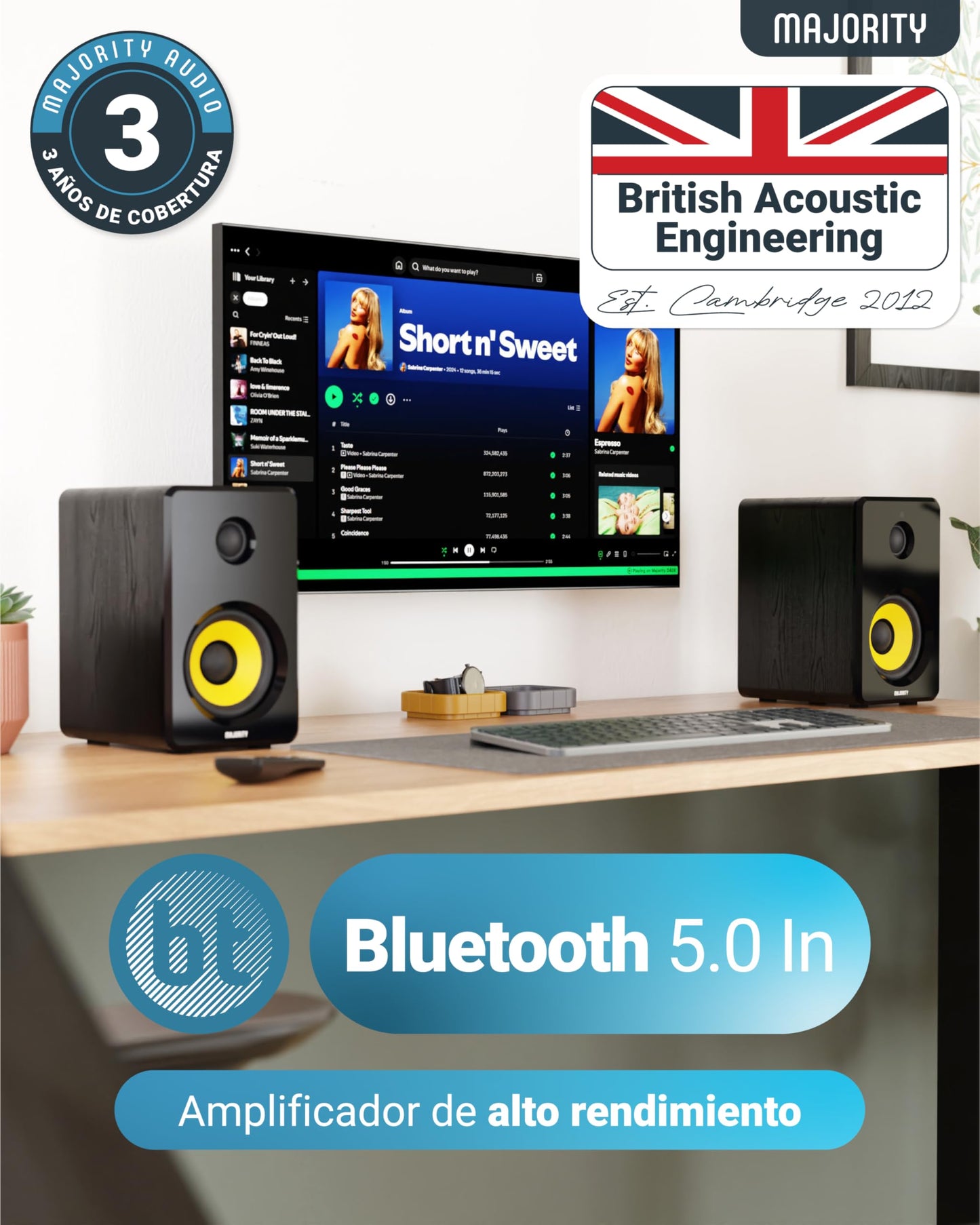 MAJORITY D40X Altavoces Autoamplificados – 70W, Cono Kevlar, Bluetooth, HiFi, Entrada Óptica, RCA, USB y AUX, con Mando a Distancia