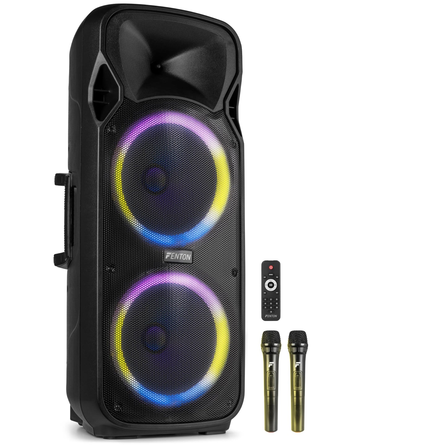 Fenton FT212LED MK2 - Altavoz Activo portátil de 1400W, 2 x 12”, Bluetooth, batería, USB, SD, 2 micrófonos inalámbricos, Luces LED, Entrada Auxiliar, Entrada de Guitarra, Salida RCA, Trolley portátil