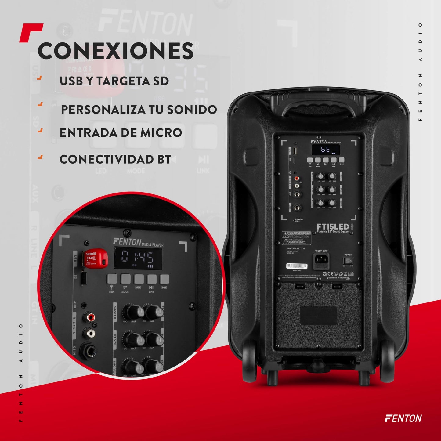 Fenton FT15LED MK2 - Altavoz Activo portatil, 15” 800W Bluetooth, USB, SD, micrófono inalámbrico UHF, Woofer LED, batería, Entrada aux, Talkover, Control Remoto, Trolley, emparejamiento estéreo