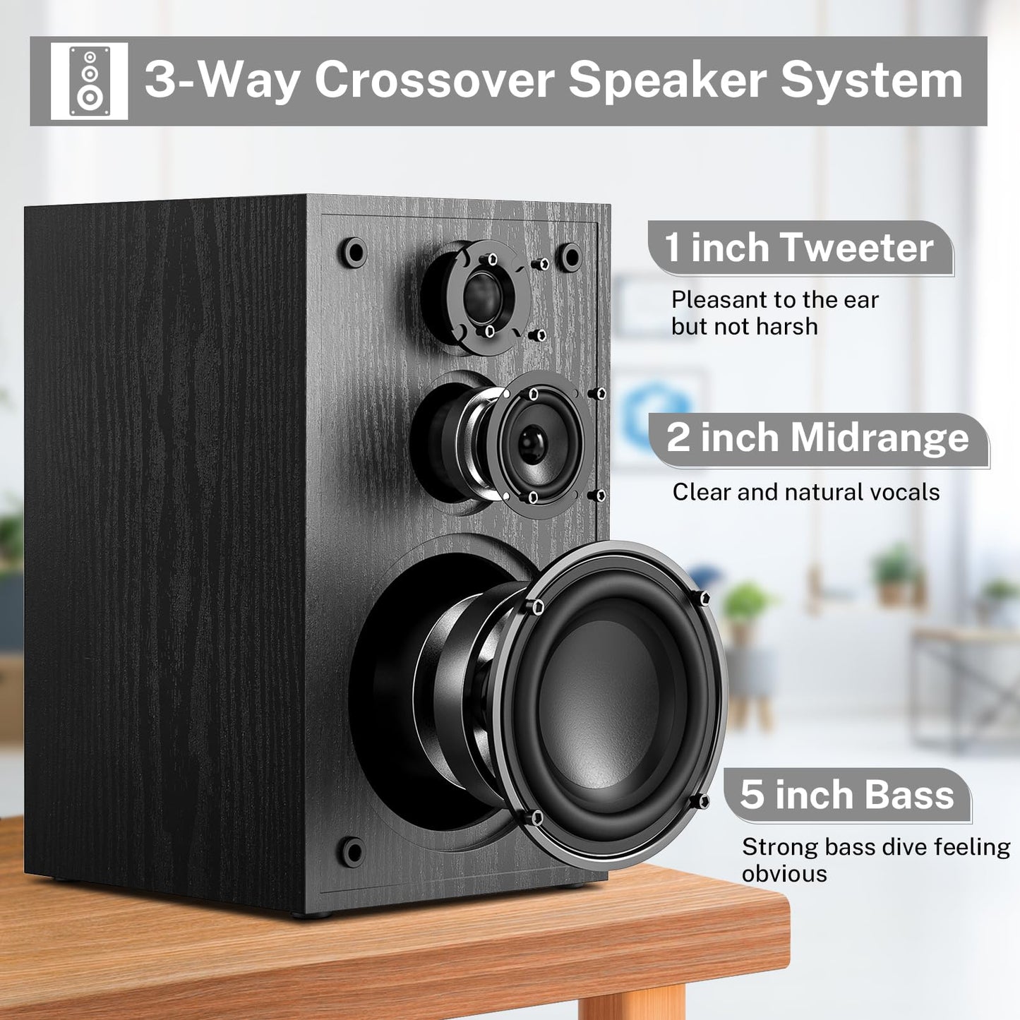 Altavoces HiFi de Estantería Pasivos 3 Vías – Par Estéreo 240W, Woofer 5,25", Caja de Madera, Bajos 48Hz, para Amplificador, Sonido Profesional para Música y Estudio – Modelo G521