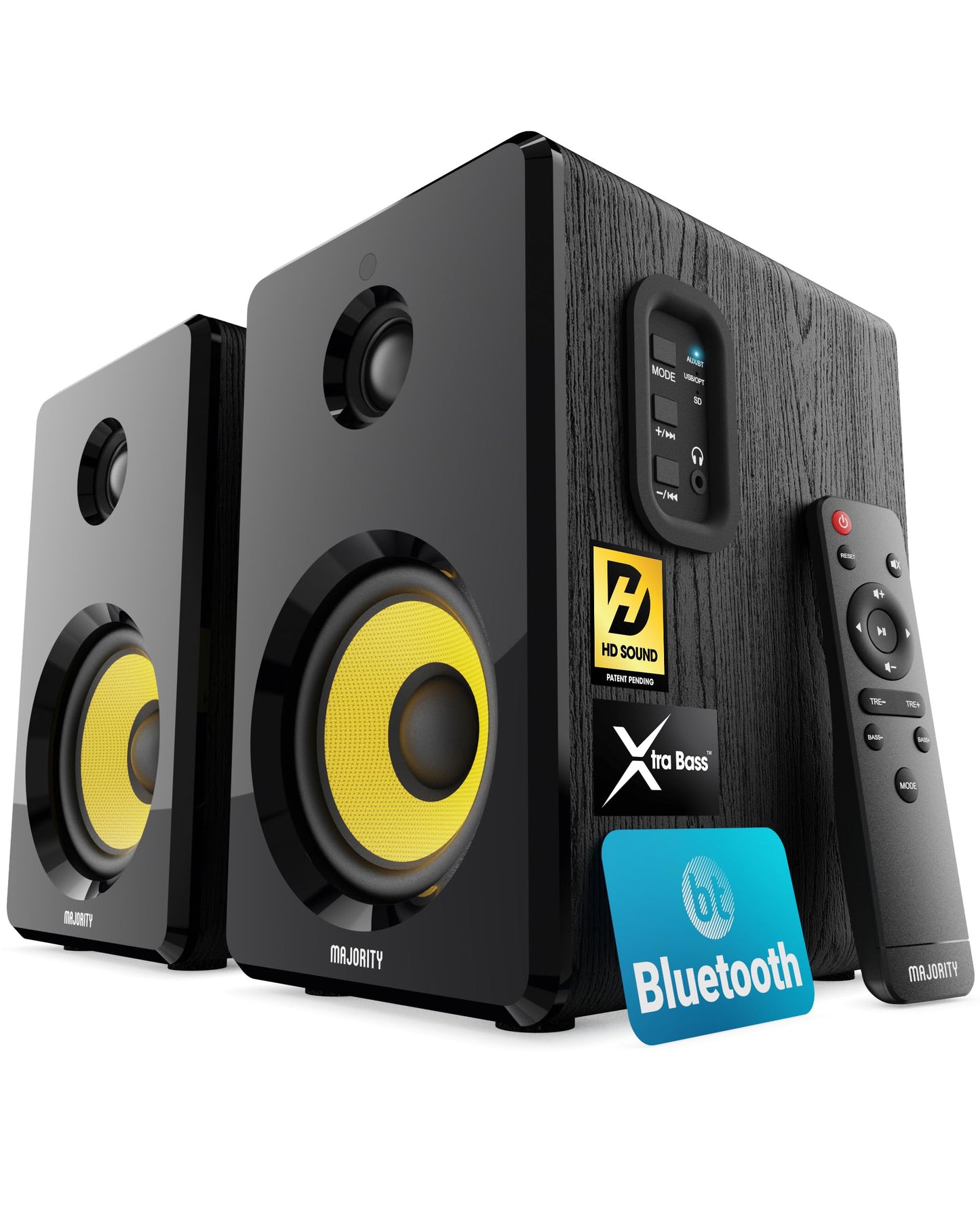 MAJORITY D40X Altavoces Autoamplificados – 70W, Cono Kevlar, Bluetooth, HiFi, Entrada Óptica, RCA, USB y AUX, con Mando a Distancia