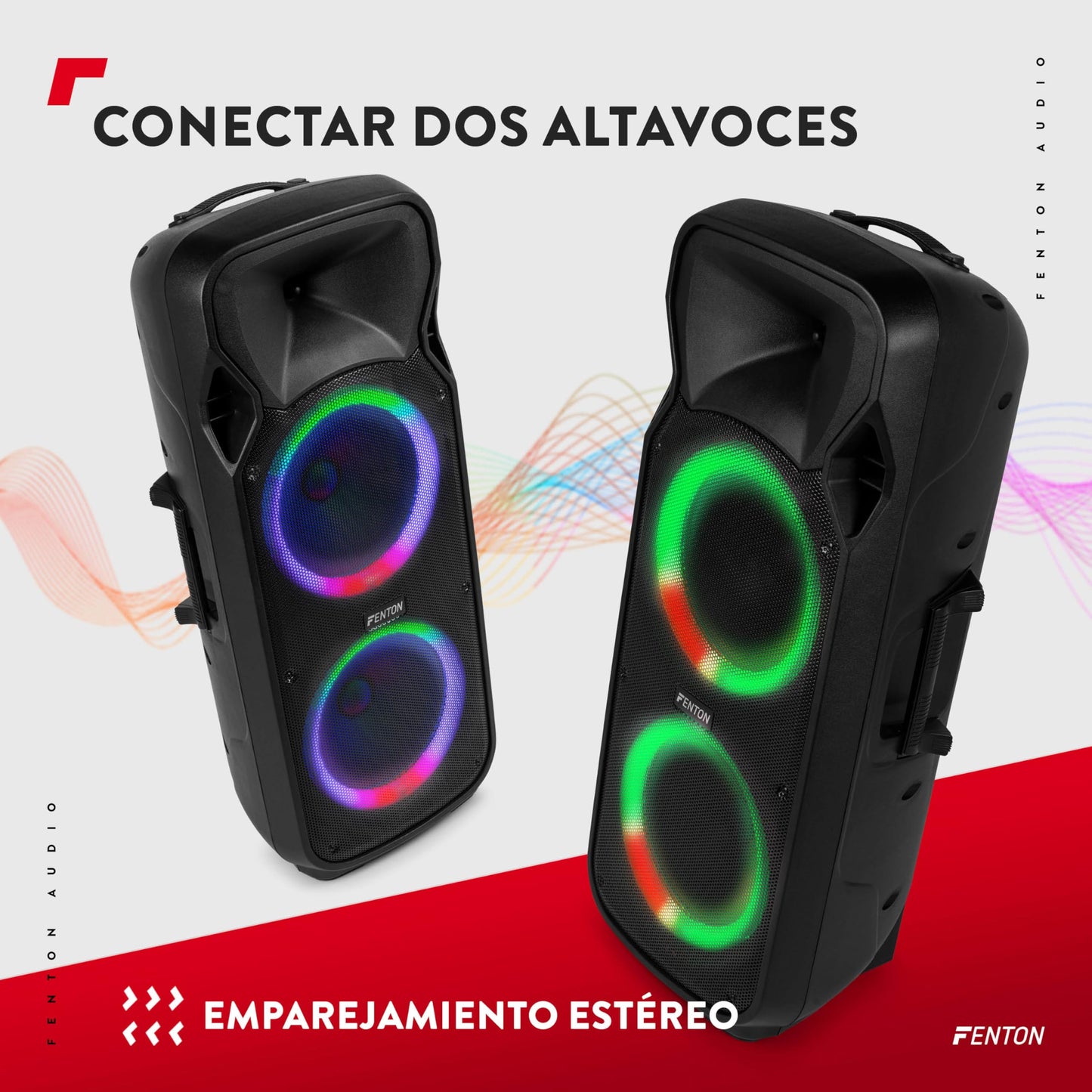 Fenton FT212LED MK2 - Altavoz Activo portátil de 1400W, 2 x 12”, Bluetooth, batería, USB, SD, 2 micrófonos inalámbricos, Luces LED, Entrada Auxiliar, Entrada de Guitarra, Salida RCA, Trolley portátil