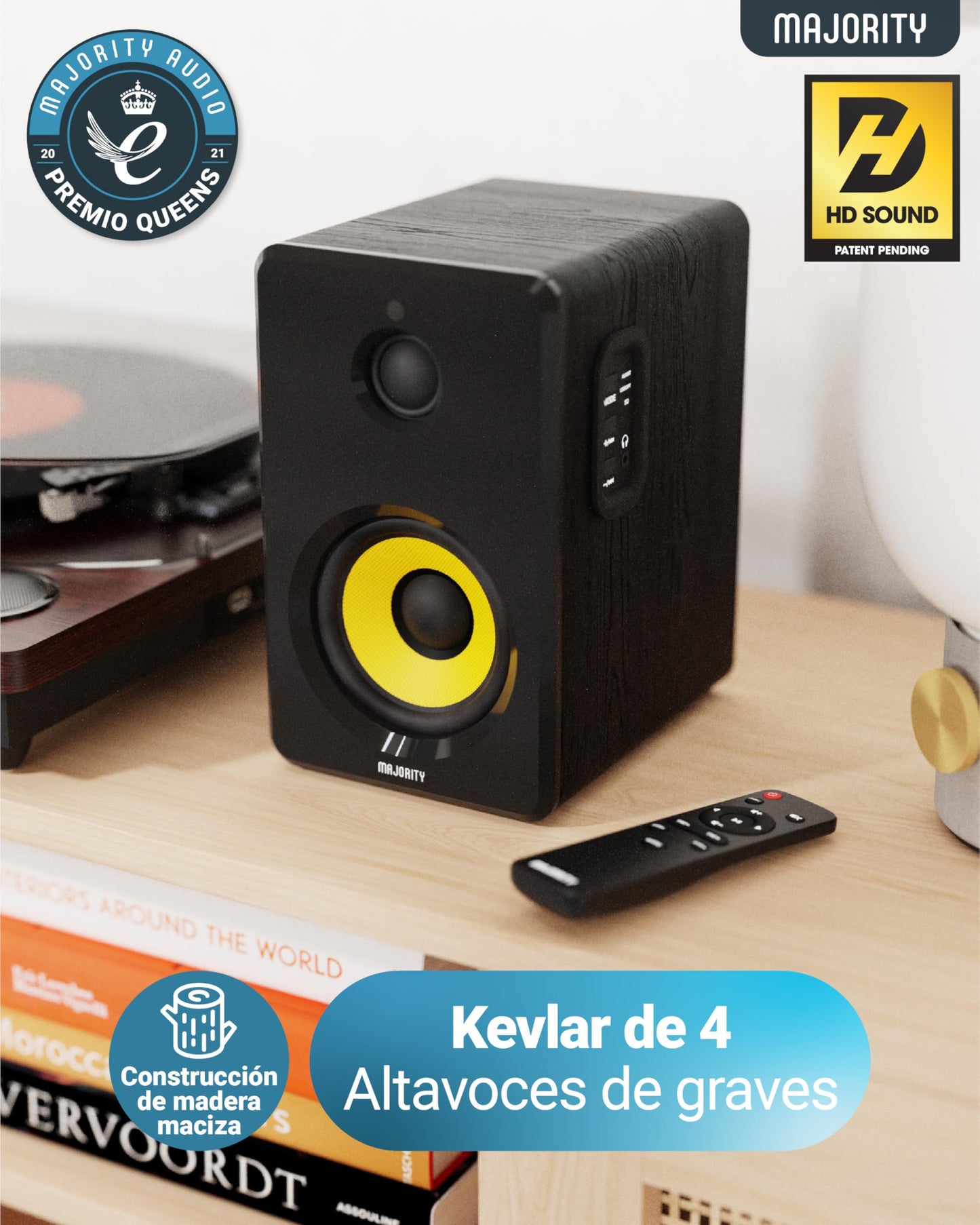 MAJORITY D40X Altavoces Autoamplificados – 70W, Cono Kevlar, Bluetooth, HiFi, Entrada Óptica, RCA, USB y AUX, con Mando a Distancia