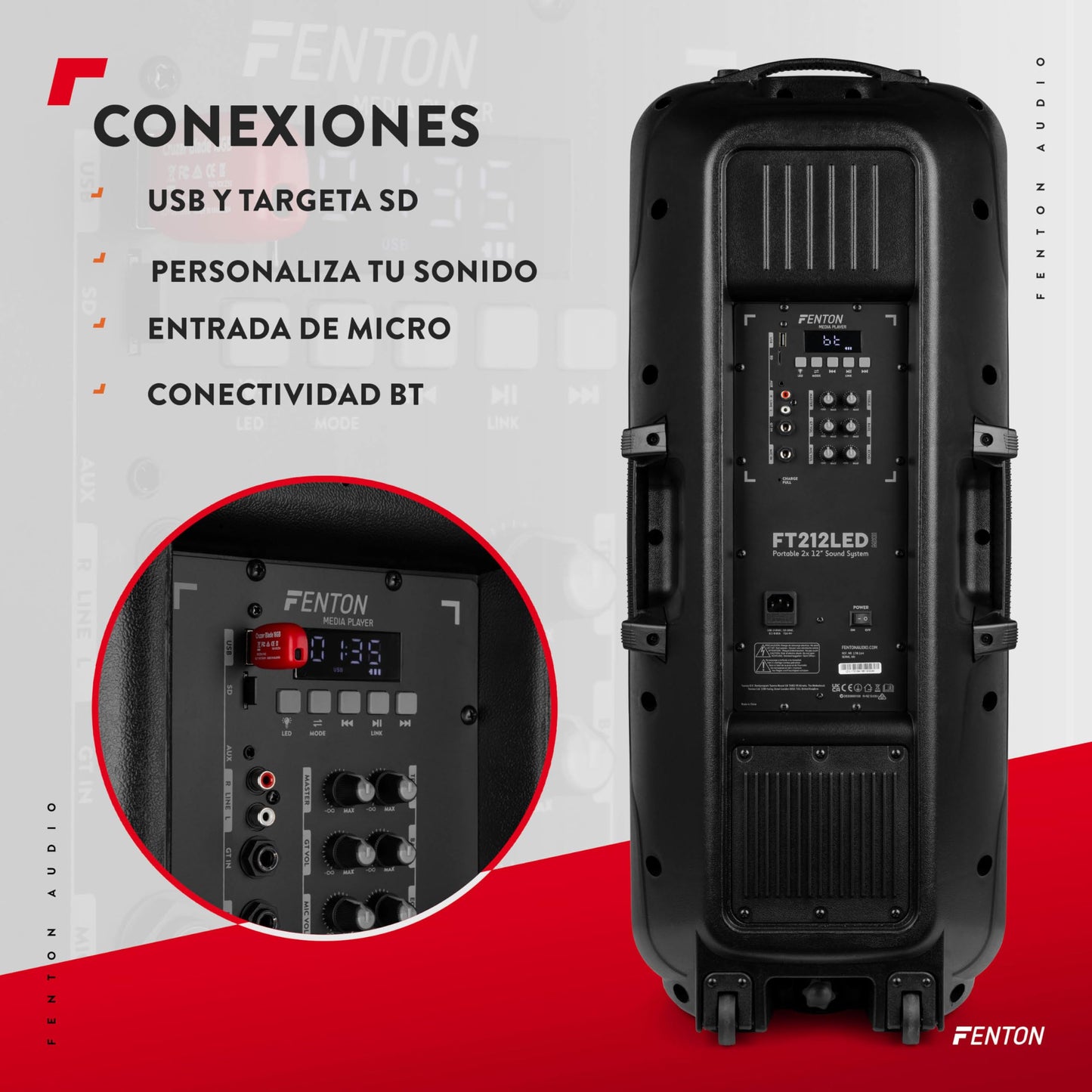 Fenton FT212LED MK2 - Altavoz Activo portátil de 1400W, 2 x 12”, Bluetooth, batería, USB, SD, 2 micrófonos inalámbricos, Luces LED, Entrada Auxiliar, Entrada de Guitarra, Salida RCA, Trolley portátil
