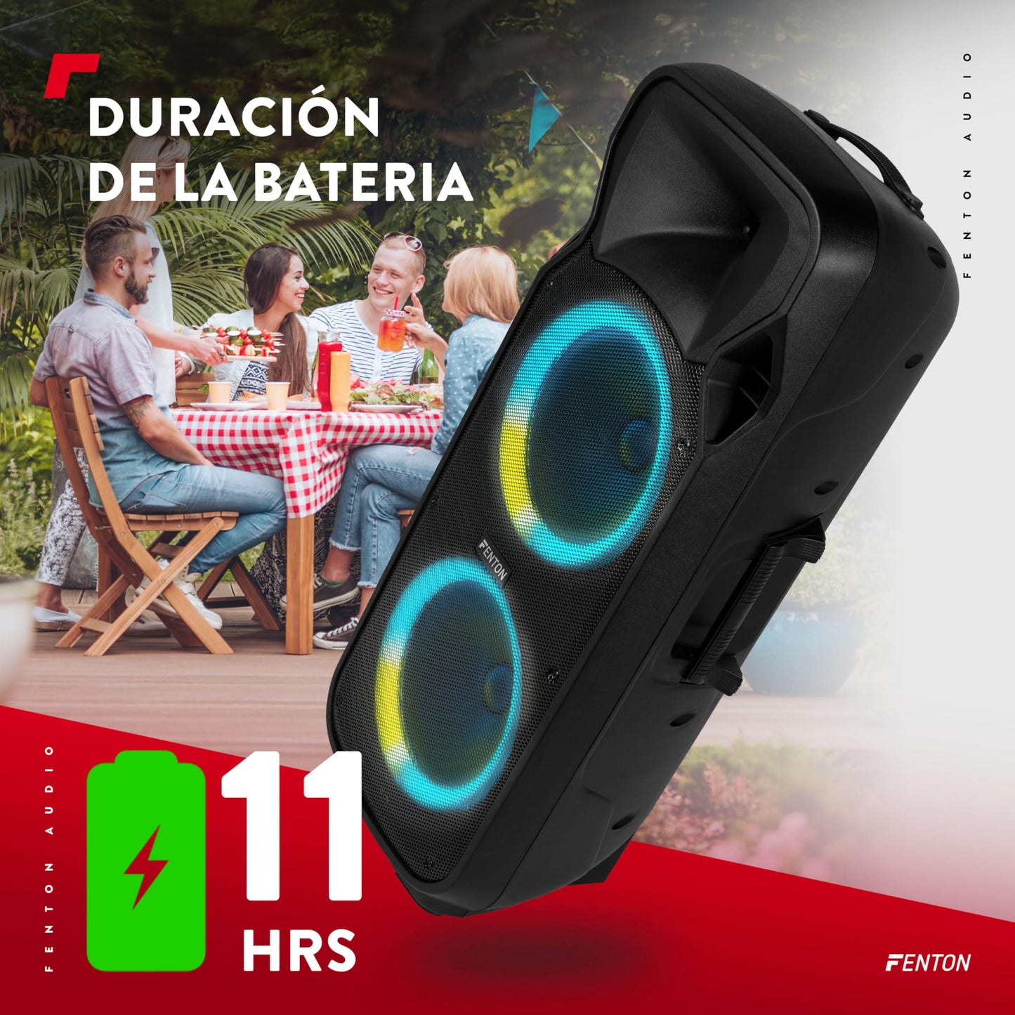 Fenton FT212LED MK2 - Altavoz Activo portátil de 1400W, 2 x 12”, Bluetooth, batería, USB, SD, 2 micrófonos inalámbricos, Luces LED, Entrada Auxiliar, Entrada de Guitarra, Salida RCA, Trolley portátil
