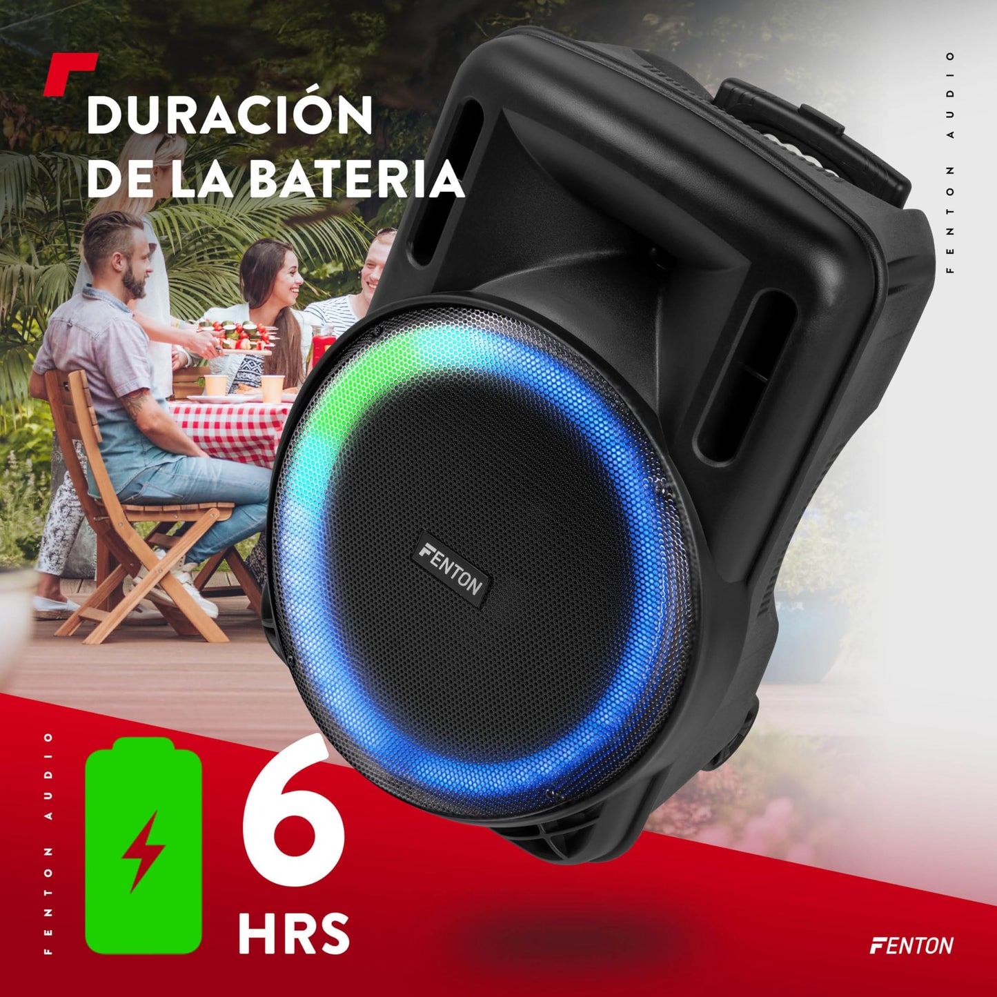 Fenton FT15LED MK2 - Altavoz Activo portatil, 15” 800W Bluetooth, USB, SD, micrófono inalámbrico UHF, Woofer LED, batería, Entrada aux, Talkover, Control Remoto, Trolley, emparejamiento estéreo