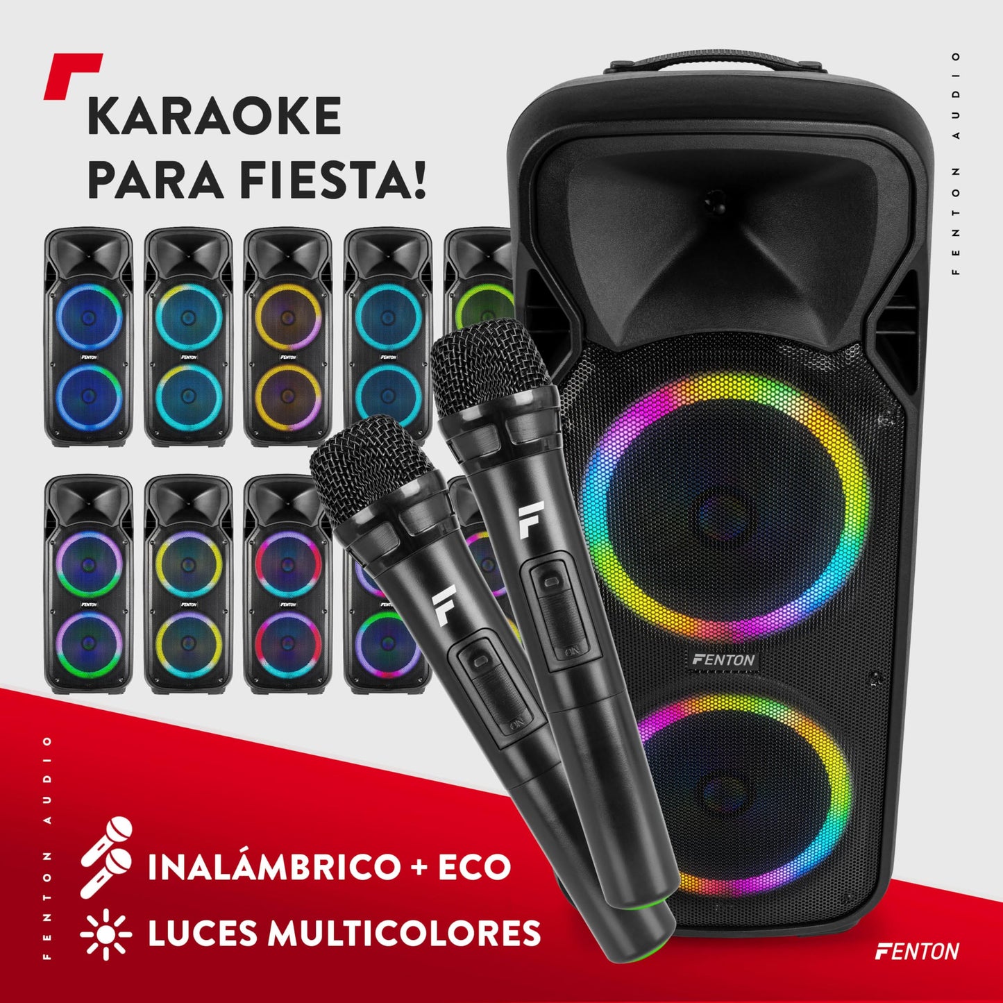 Fenton FT212LED MK2 - Altavoz Activo portátil de 1400W, 2 x 12”, Bluetooth, batería, USB, SD, 2 micrófonos inalámbricos, Luces LED, Entrada Auxiliar, Entrada de Guitarra, Salida RCA, Trolley portátil
