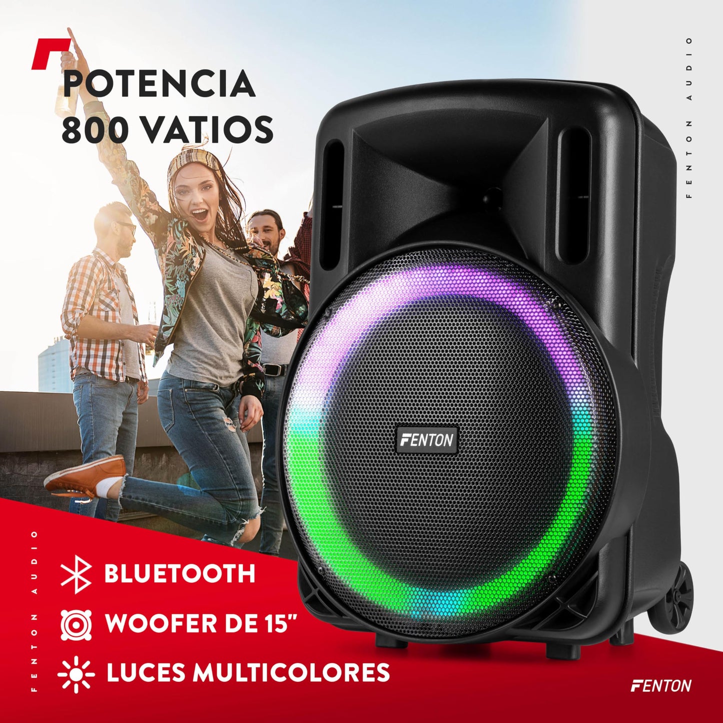 Fenton FT15LED MK2 - Altavoz Activo portatil, 15” 800W Bluetooth, USB, SD, micrófono inalámbrico UHF, Woofer LED, batería, Entrada aux, Talkover, Control Remoto, Trolley, emparejamiento estéreo