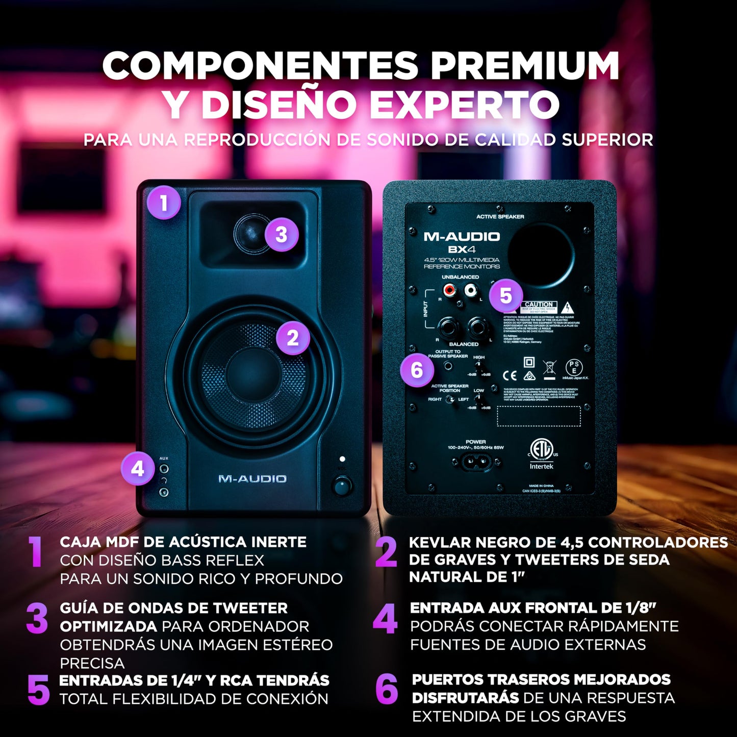 Monitores de Estudio M-AUDIO BX4 Par 4.5" 120W – Altavoces Autoamplificados para PC, Juegos y Producción Musical