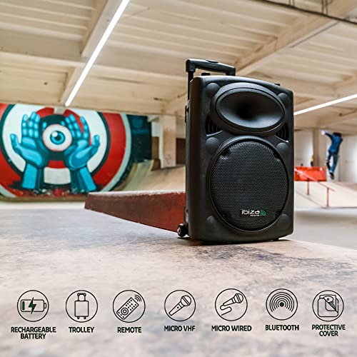 Ibiza Sound PORT8VHF-BT Sistema de sonido portátil y autónomo de 20 cm, Bluetooth, Wireless, potencia de 200 W con un alcance de hasta 400 W, Negro