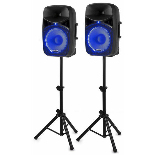 Vonyx VPS122A Altavoces autoamplificados Pack de 2 Altavoces Activo/Pasivo Bluetooth portátiles de 800W, 12 Pulgadas, micrófono con Cable, Control Remoto, Trípodes, Reproductor MP3 con USB y SD, Leds