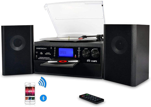 DIGITNOW! Tocadiscos para vinilos, Apto para CD, Casete, Radio Am/FM, Entrada Auxiliar, Puerto USB y codificación SD, con Mando a Distancia, Bluetooth y Altavoces estéreo Independientes