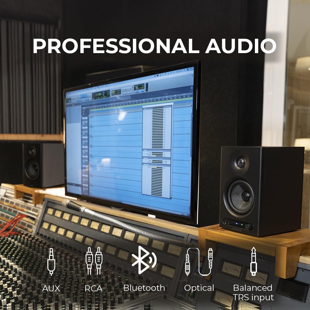 Monitores de Estudio VULKKANO PRO4 – Woofer 4”, Bluetooth, TRS/RCA/AUX, Salida Auriculares, Ajustes EQ, Negro