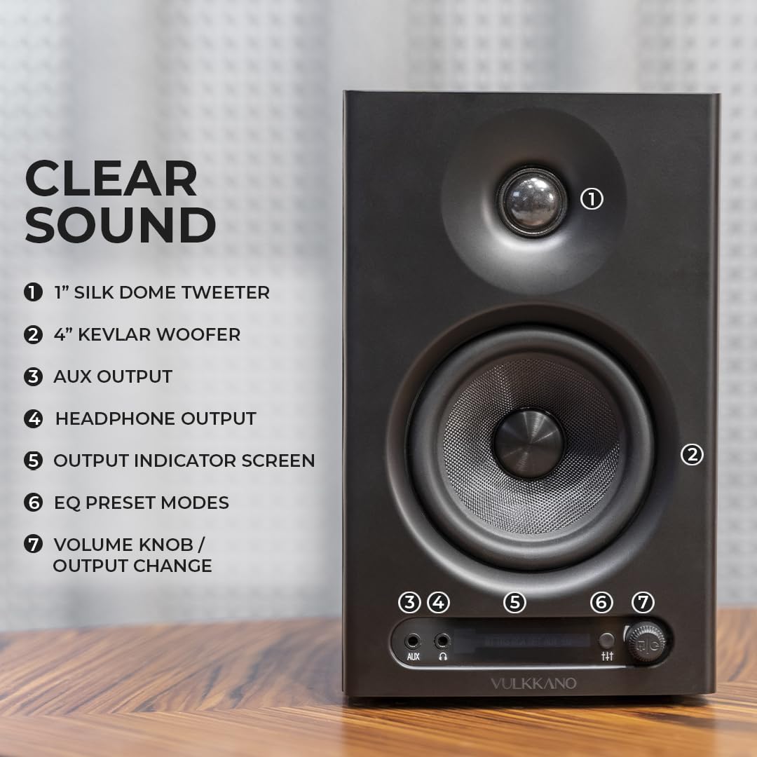 Monitores de Estudio VULKKANO PRO4 – Woofer 4”, Bluetooth, TRS/RCA/AUX, Salida Auriculares, Ajustes EQ, Negro