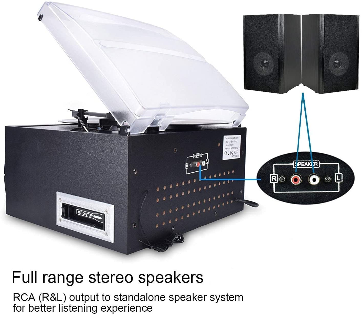 DIGITNOW! Tocadiscos para vinilos, Apto para CD, Casete, Radio Am/FM, Entrada Auxiliar, Puerto USB y codificación SD, con Mando a Distancia, Bluetooth y Altavoces estéreo Independientes