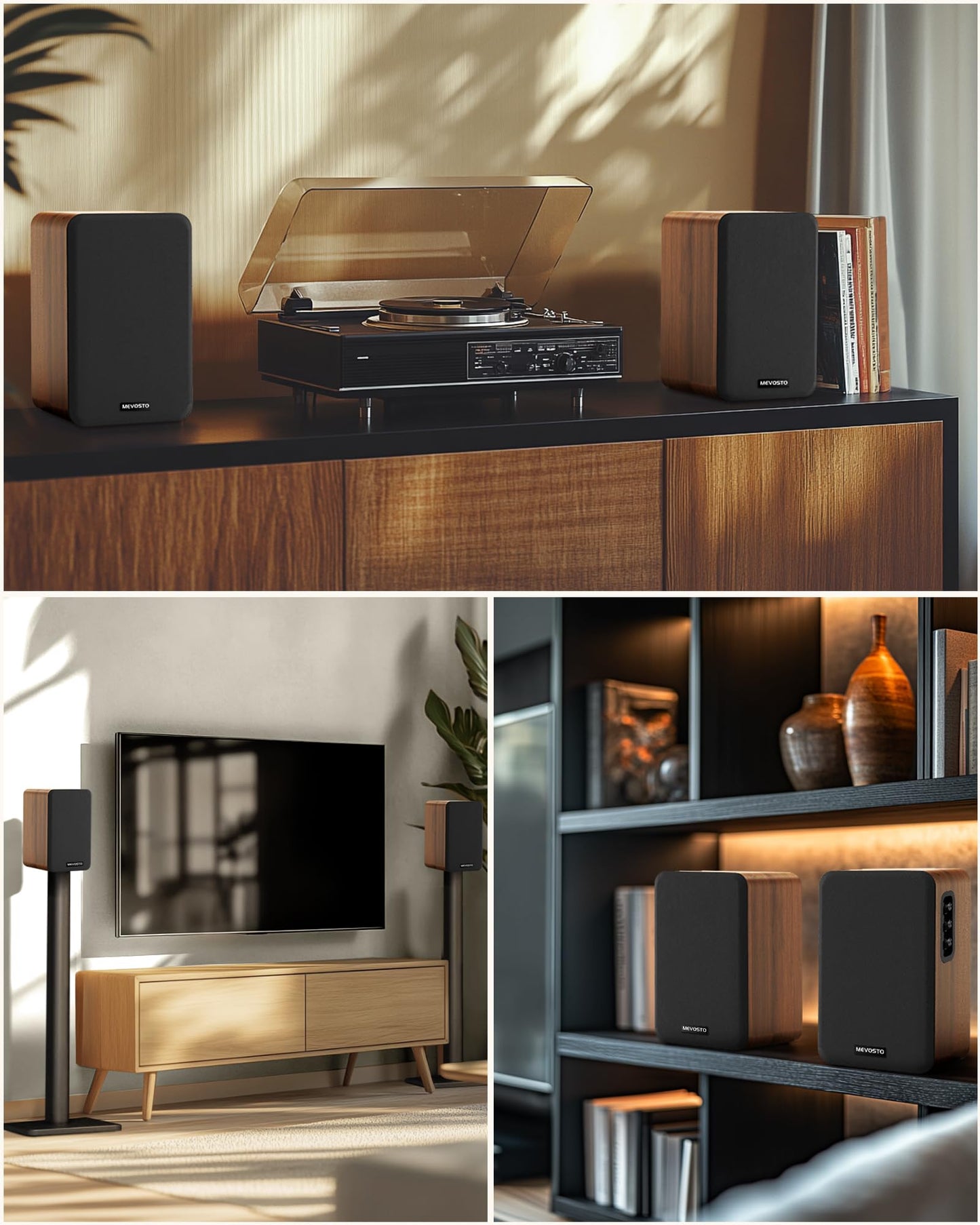 Altavoces de Estantería MEVOSTO DS19 – 36W RMS, Bluetooth 5.4, Graves y Agudos Ajustables, Madera Marrón