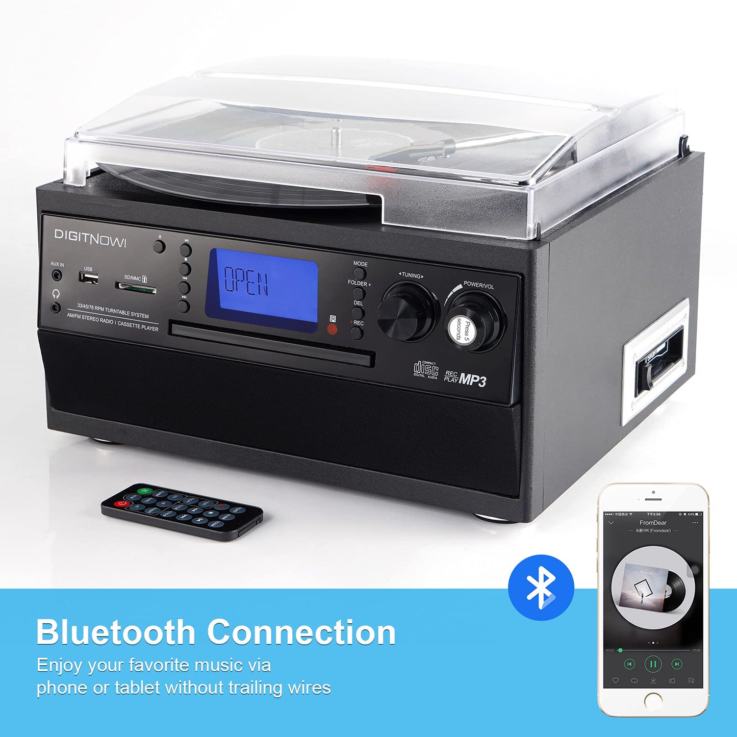 DIGITNOW! Tocadiscos para vinilos, Apto para CD, Casete, Radio Am/FM, Entrada Auxiliar, Puerto USB y codificación SD, con Mando a Distancia, Bluetooth y Altavoces estéreo Independientes