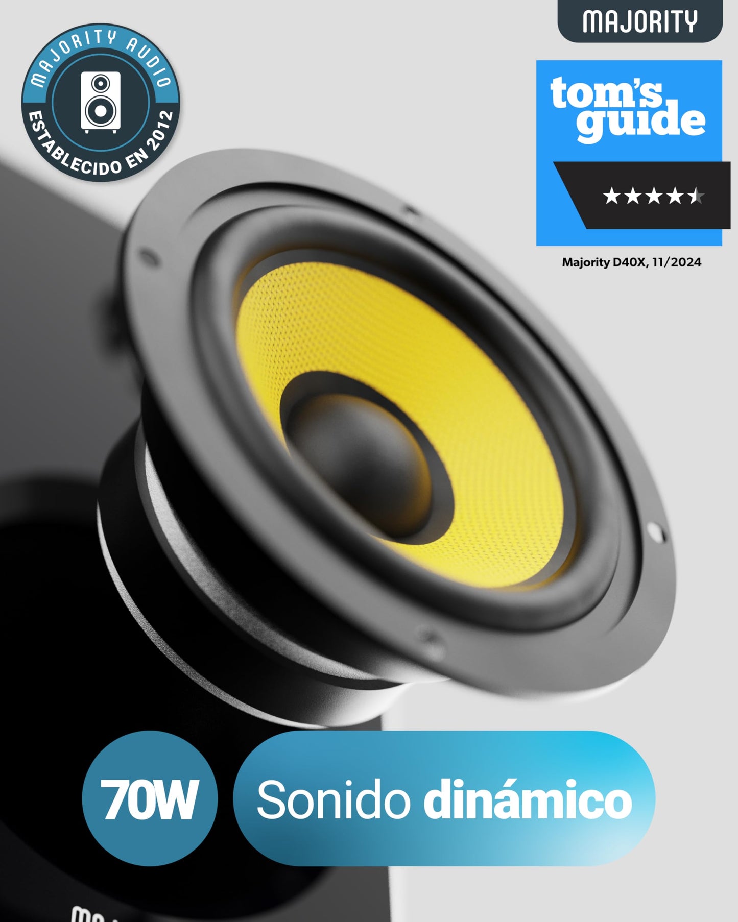 MAJORITY D40X Altavoces Autoamplificados – 70W, Cono Kevlar, Bluetooth, HiFi, Entrada Óptica, RCA, USB y AUX, con Mando a Distancia