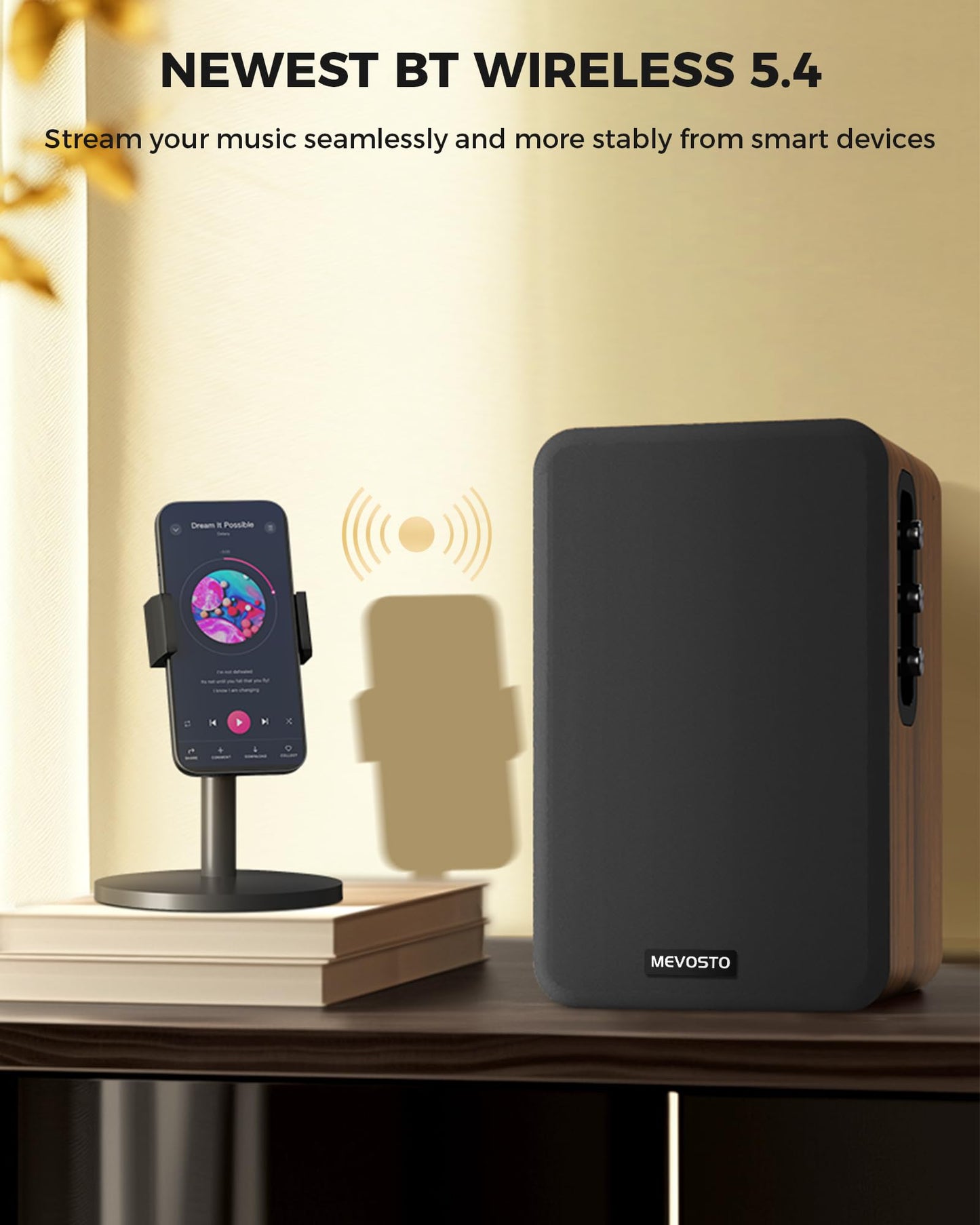 Altavoces de Estantería MEVOSTO DS19 – 36W RMS, Bluetooth 5.4, Graves y Agudos Ajustables, Madera Marrón